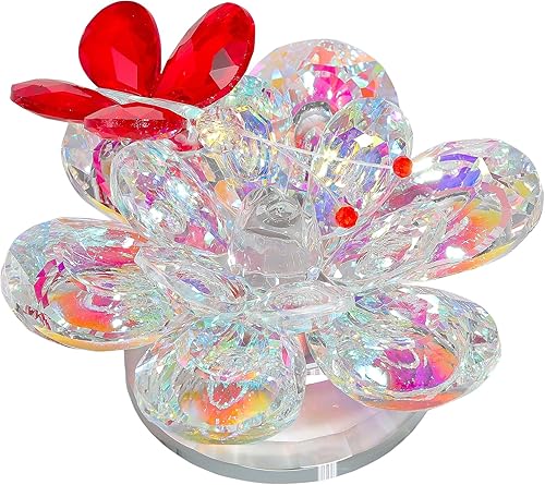 Figura de flor transparente con mariposa roja, regalos coleccionables para mujeres, pisapapeles decorativo floral de loto de cristal con base