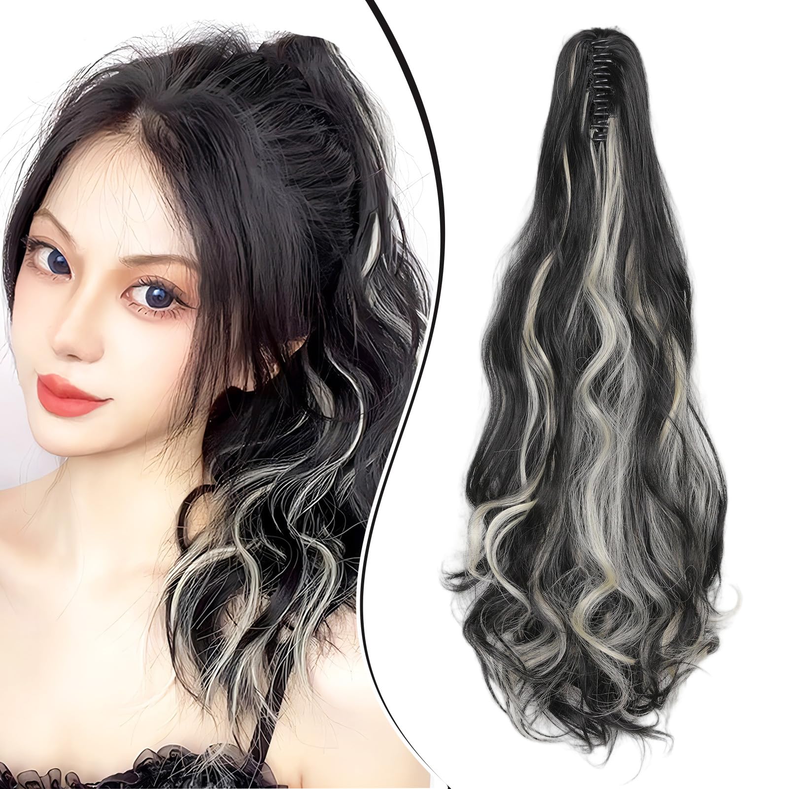 Dcbaboo Ponytail Extension Curly 18inch Claw Clip in Ponytail Hair Extensions Long Wavy Synthetic Pony tails Natural Wave One Piece Hairpiece Fake Ponytail for Women Natural Black & Bleach Blonde