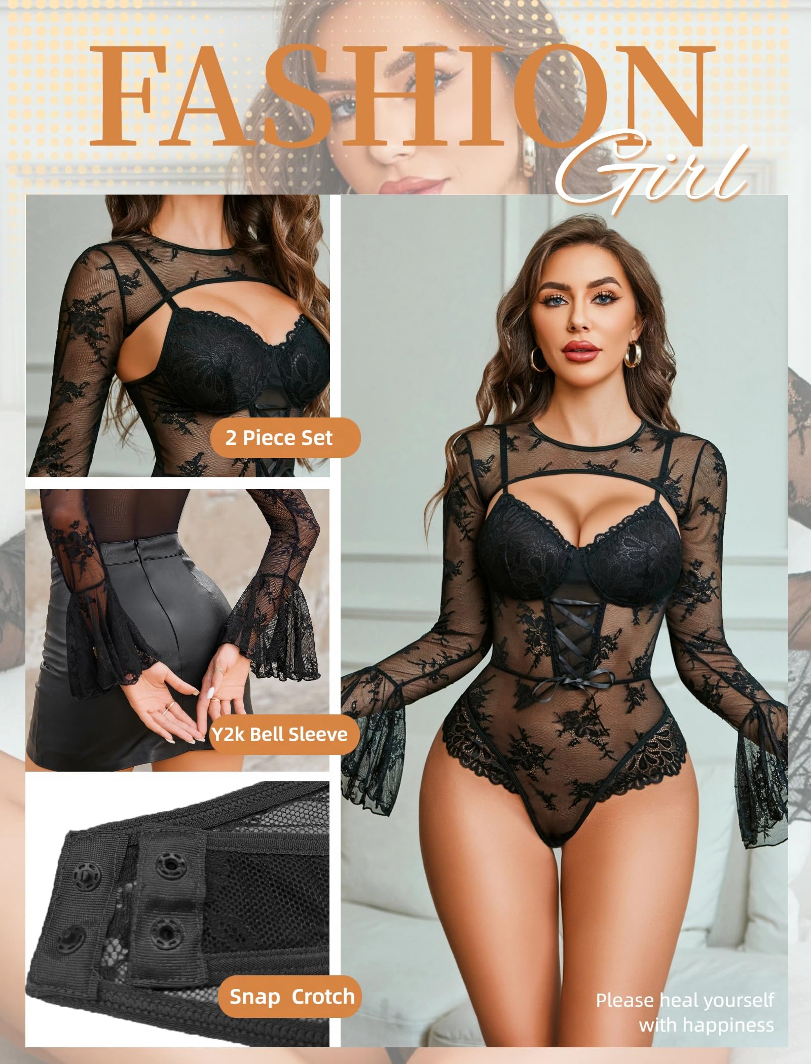 Avidlove Women Lace Bodysuit with Crop Top Sexy Going Out Bodysuit Floral Lace Lingerie Set Sexy Rave Outfits: Black Small