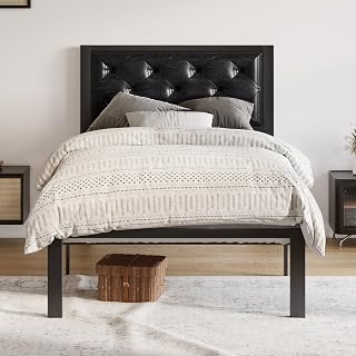 Allewie Twin Bed Frame with Faux Leather Upholstered Headboard, Chic Diamond Stitched Tufted Design, No Box Spring Needed, Black