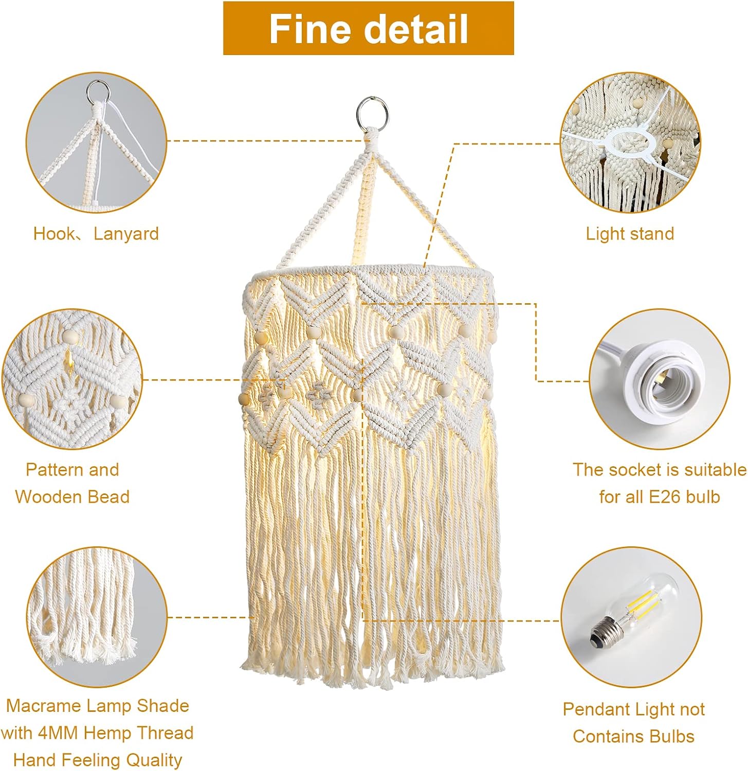 Bioaqua Boho Lamp Shade,Macrame Pendant Light Shade, Handmade Boho Light fixtures Hanging Lights with Plug in Cord,Boho Hanging Lamp for Living Room Bedroom(Type 2)