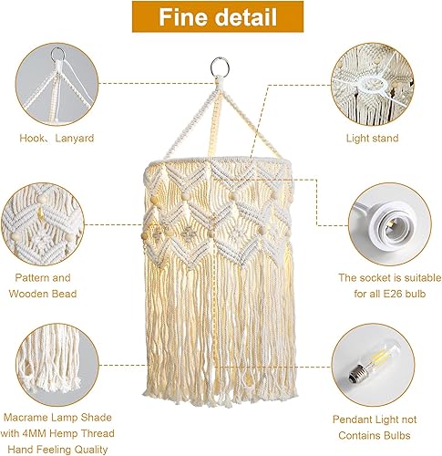 Miniatura 3 de Bioaqua Pantalla de lámpara bohemia, pantalla colgante de macramé, lámparas bohemias hechas a mano con cable enchufable, lámpara colgante bohemia
