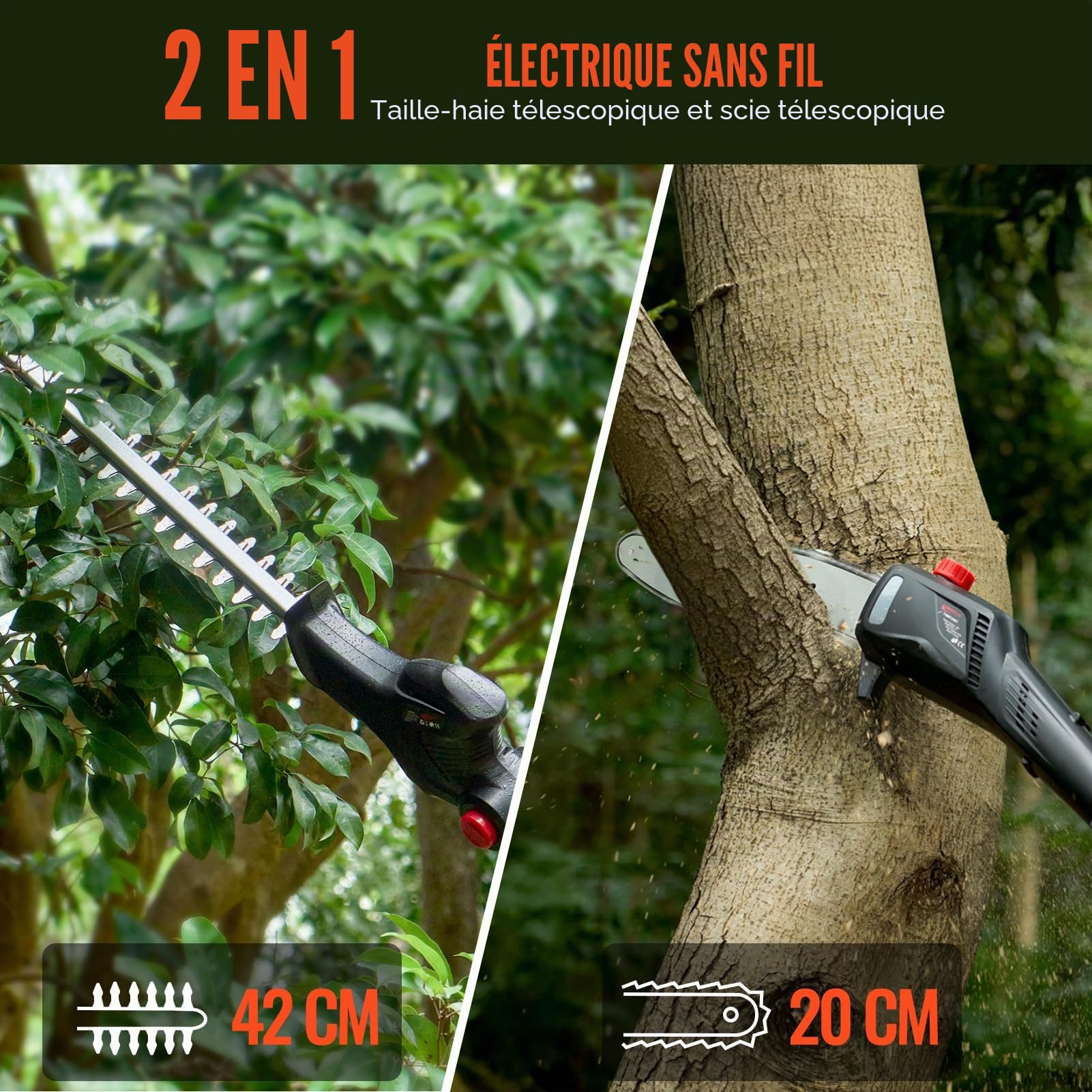 Keenstone 2-en-1 Élagueuse sur Perche et Taille-haie Électrique sans Fil, Tronçonneuse de 20cm, Batterie 4,0Ah, Double Lame de 42cm, Portée Max de 2,8m pour Jardins, Arbres et Arbustes