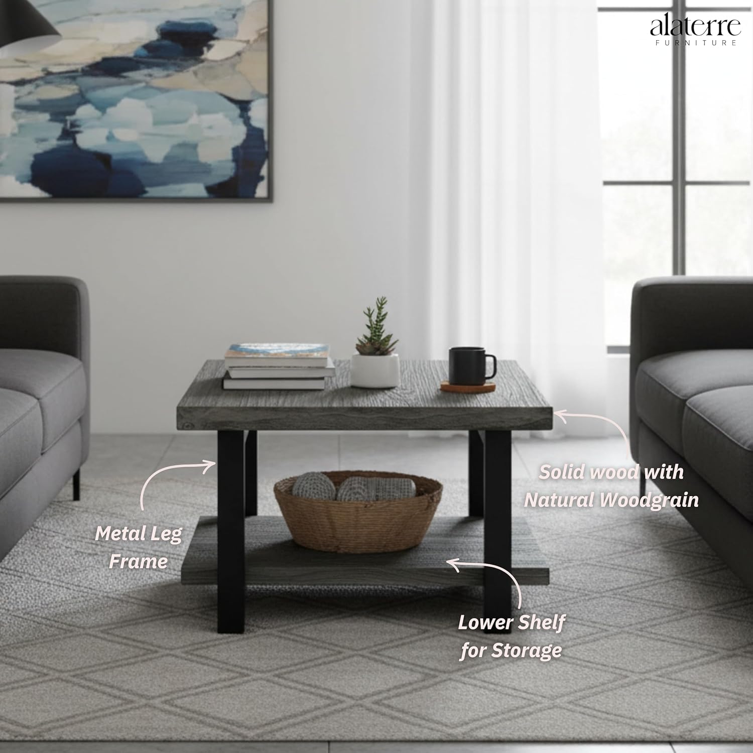 Alaterre Furniture Pomona Living Room 27 Inch Square Solid Wood Coffee Table with Metal Legs – Modern Rustic Industrial Small Space Table (Slate Grey)
