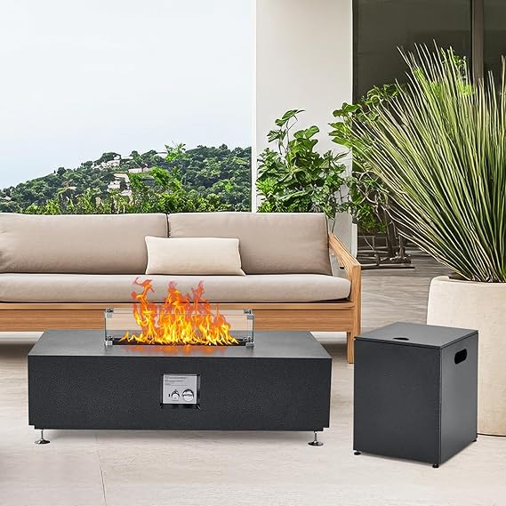 48" Outdoor Fire Table, 48 inch Rectangle Propane Gas Fire Pit Table, 50,000 BTU Modern Firepit with 16 inch Tank Cover Side Table, Wind Guard, Fire Glass, Rain Cover