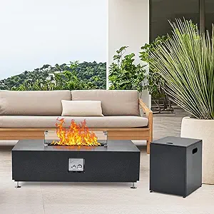 48" Outdoor Fire Table, 48 inch Rectangle Propane Gas Fire Pit Table, 50,000 BTU Modern Firepit with 16 inch Tank Cover Side Table, Wind Guard, Fire Glass, Rain Cover