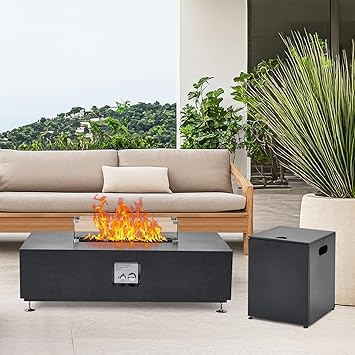48" Outdoor Fire Table, 48 inch Rectangle Propane Gas Fire Pit Table, 50,000 BTU Modern Firepit with 16 inch Tank Cover Side Table, Wind Guard, Fire Glass, Rain Cover
