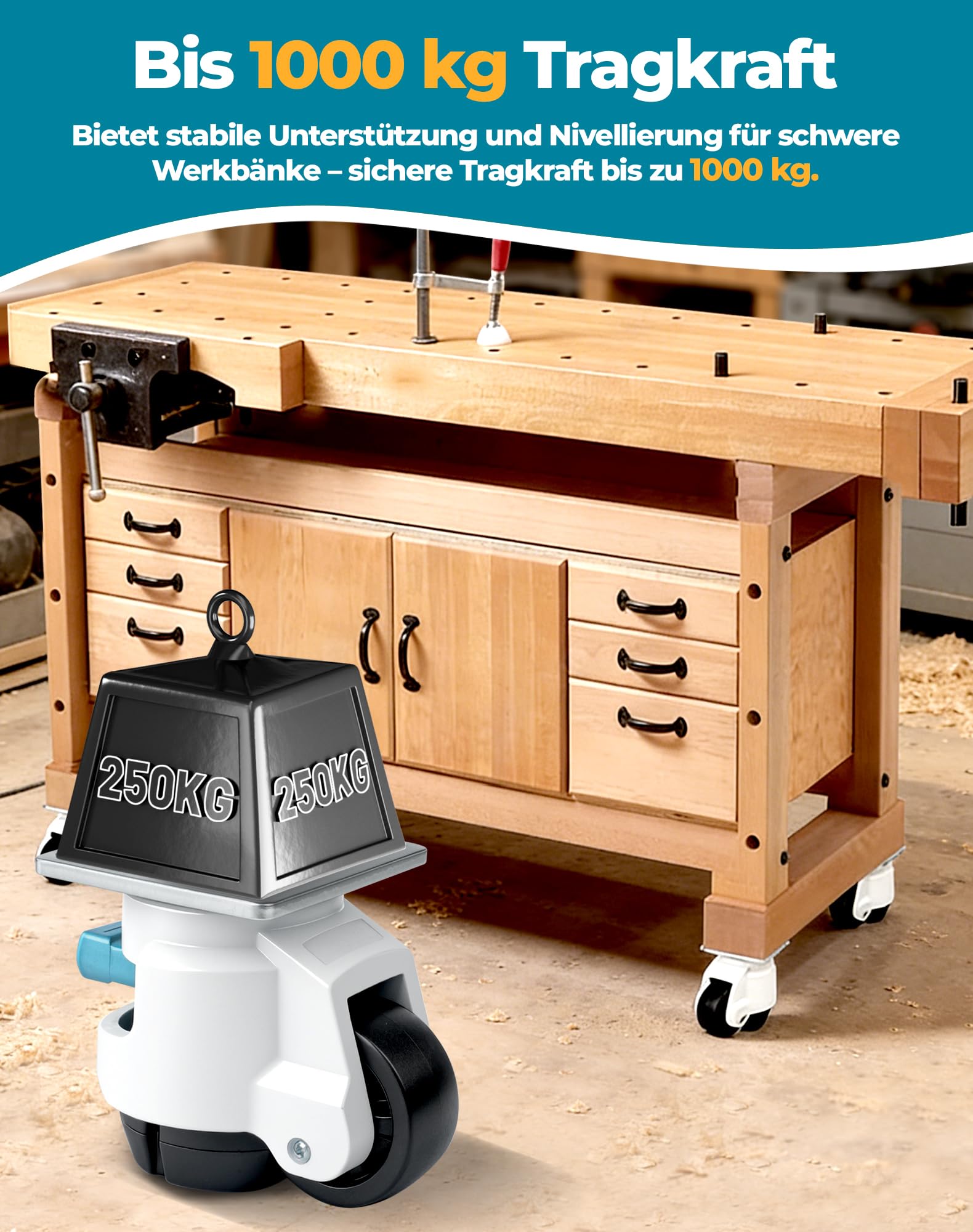1000 kg Tragfähigkeit Schwerlastrollen mit Ratschengriff, höhenverstellbare Nivellierrollen, 4 Stück, stabil und ausgewogen, passend für Werkbank, Maschinen und schwere Möbel