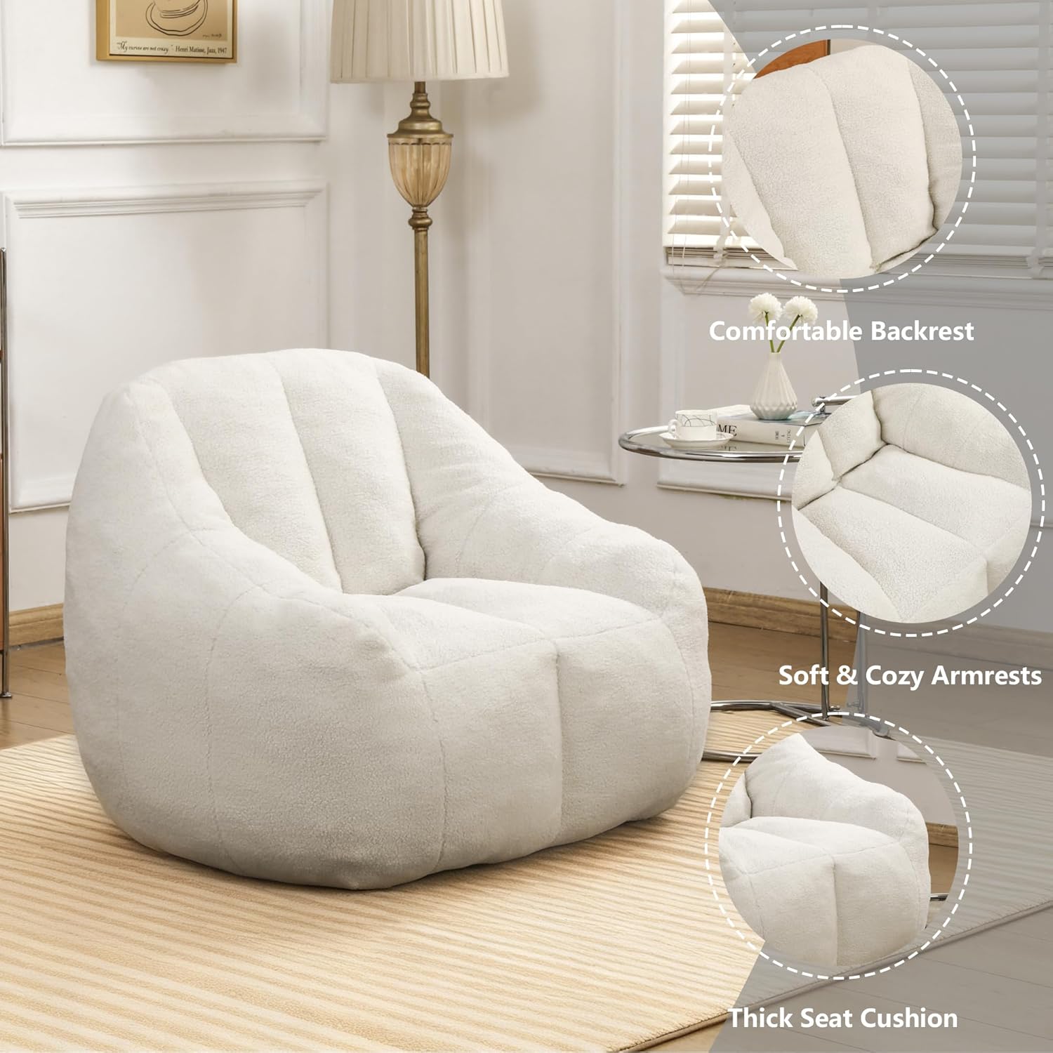 MINCETA Bean Bag Chair for Adults, Comfy Bean Bag Sofa with Armrest, White BeanBag Chair with Back Support for Living Room, Bedroom