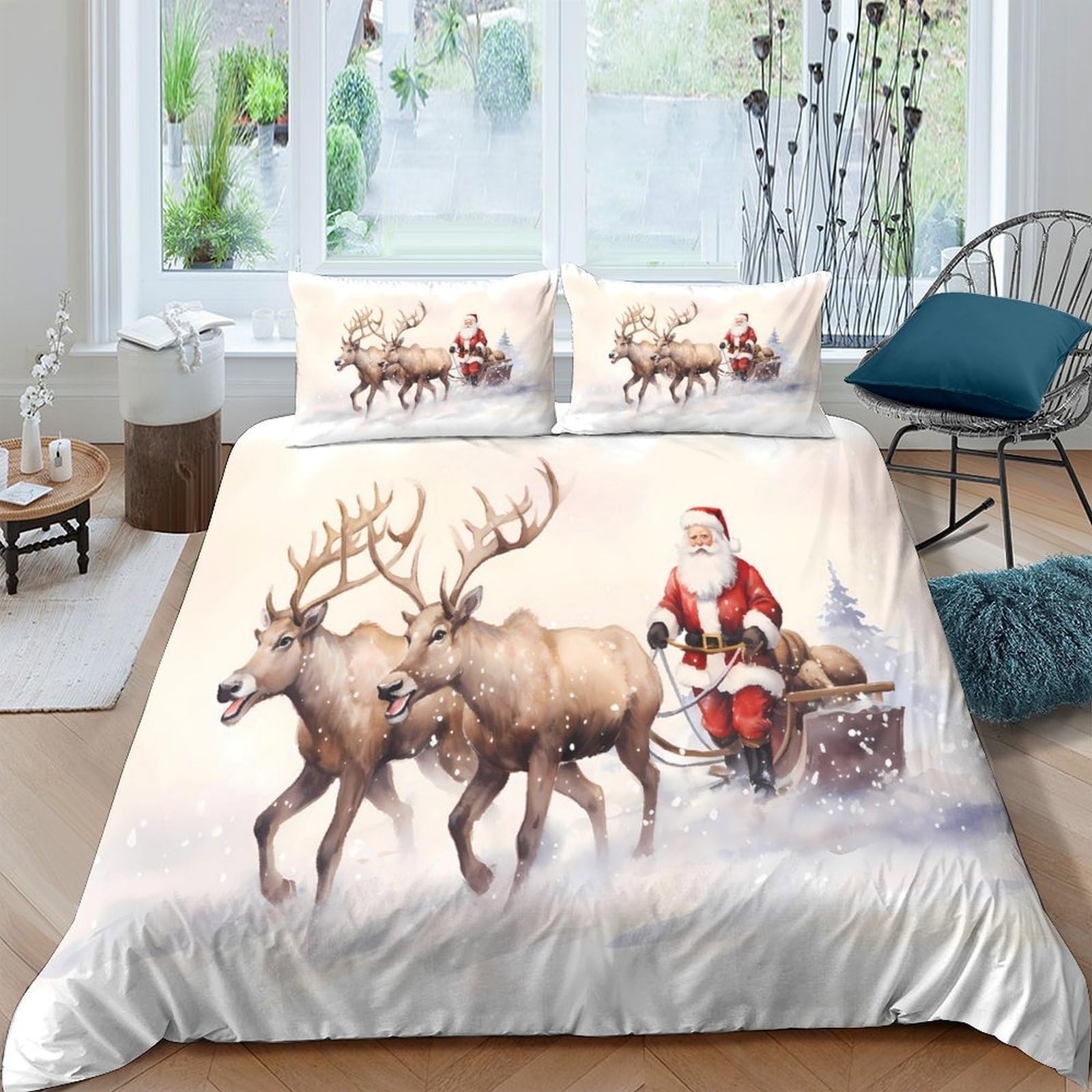 Ctjqhvkz Style-2 3D Printed Christmas Reindeer Fitted Sheet Microfiber Santa Sleigh Mattress Cover For Bedroom Guest Room Holiday Decor Single（135X200cm）