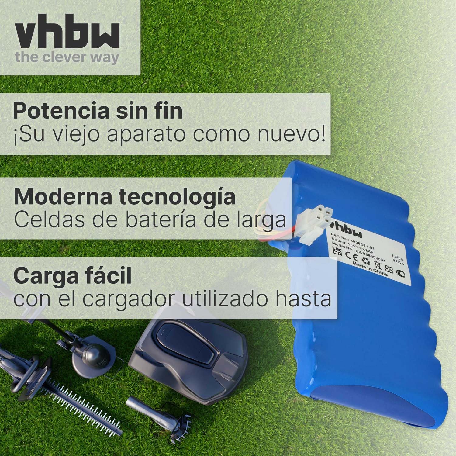 vhbw Batería (Pack) Compatible con Husqvarna Automower 550 (hasta 2019/2020), 520 (hasta 2019/2020) Robot cortacésped 5200mAh 18V Li-Ion