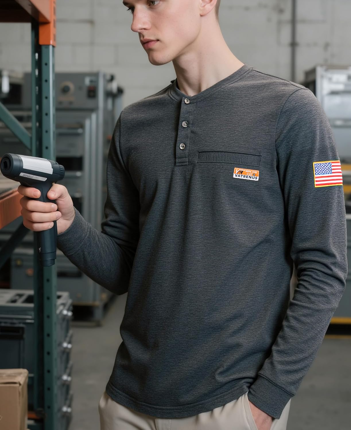 VATRENUS FR Shirt for Men Henley Midweight Utility Pocket Flame Resistant Long Sleeve Work Shirts NFPA2112 CAT2 - Image 2
