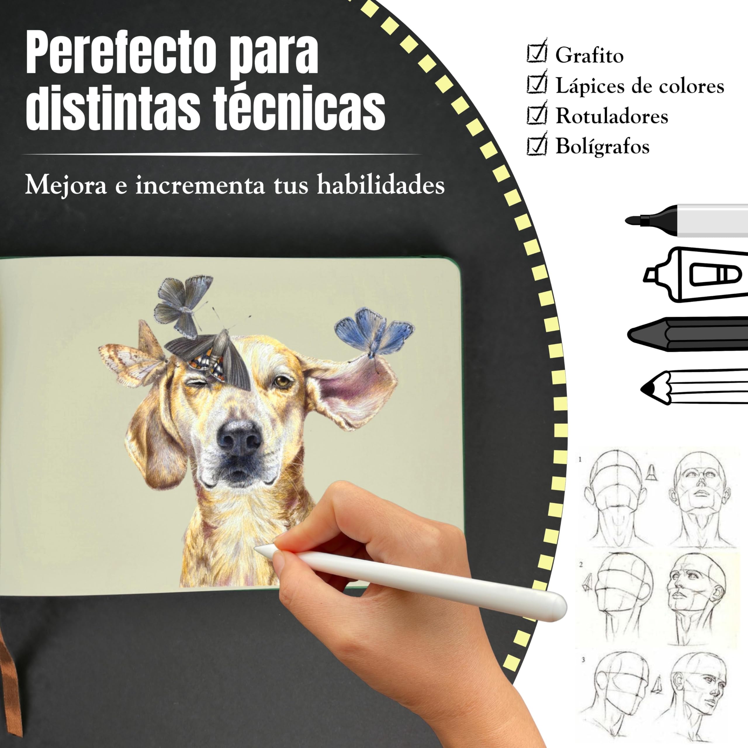 Libreta dibujo profesional incluye portamina. Cuaderno para Dibujo y bocetos de tapa dura. Bloc de dibujo de 80 hojas gruesas color marfil 200 g/m² Bloc de notas Sketchbook (Artistic Green)
