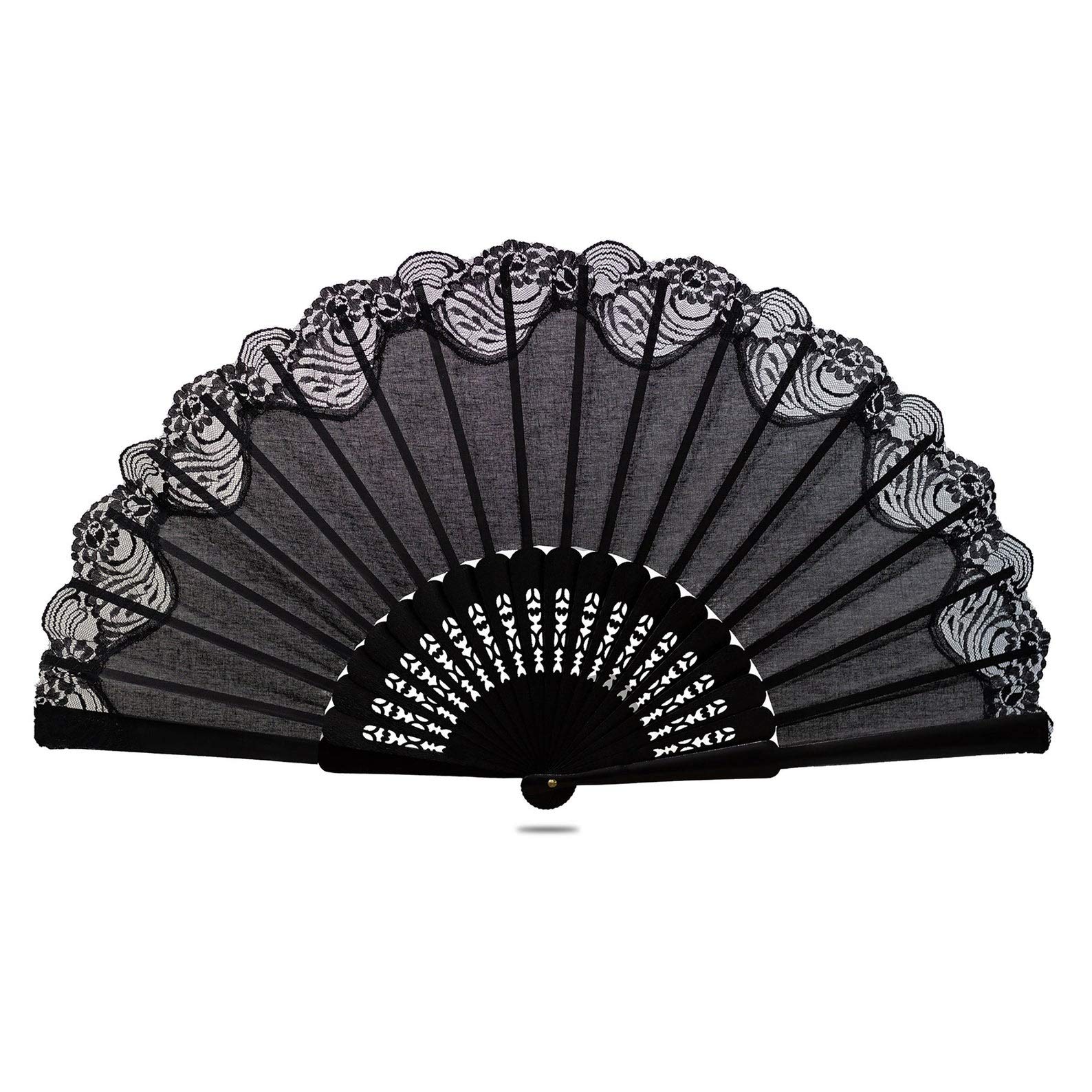 Spanish Hand Fan Pericon with Black Lace Large Wooden Folding Handheld Flamenco Dance Fan Made in Spain with Carrying Pouch