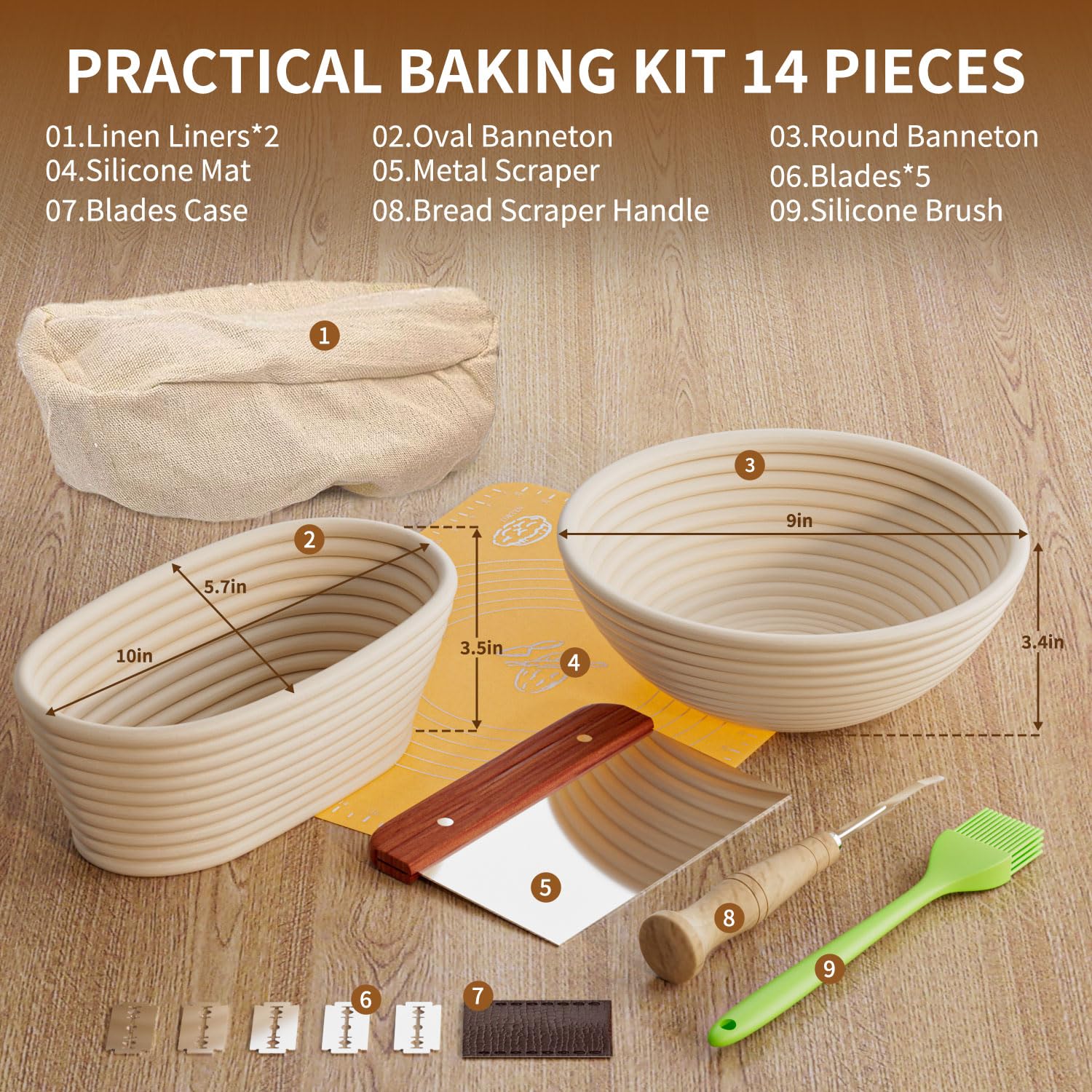 Banneton - Cesta de prueba de pan para masa madre: kit de horneado de pan ovalado de 10 pulgadas y redondo de 9 pulgadas, cuencos de prueba para pan de masa madre, cuenco de masa para hacer pan