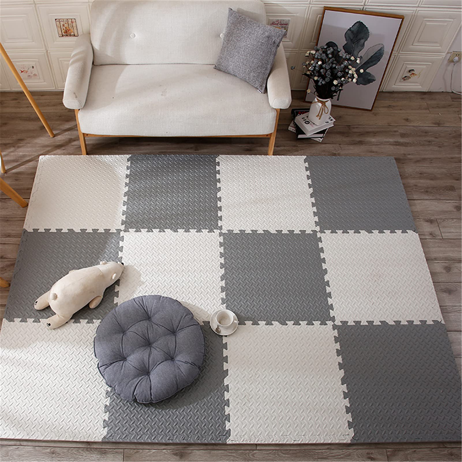Puzzle Tapis Mousse, EVA Mousse Tapis de Jeu pour Enfants, Jeu Tapis de Puzzles pour Bébé Protection Sol pour gymnases Domicile garages Aires de Jeux pour Enfants,White+Gray,32