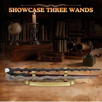 EnrichFun Magic Wand Stand Display Resin Wand Holder with Owl Badge, Showcase Three Wands for Wizard Collection & Decoration, Golden