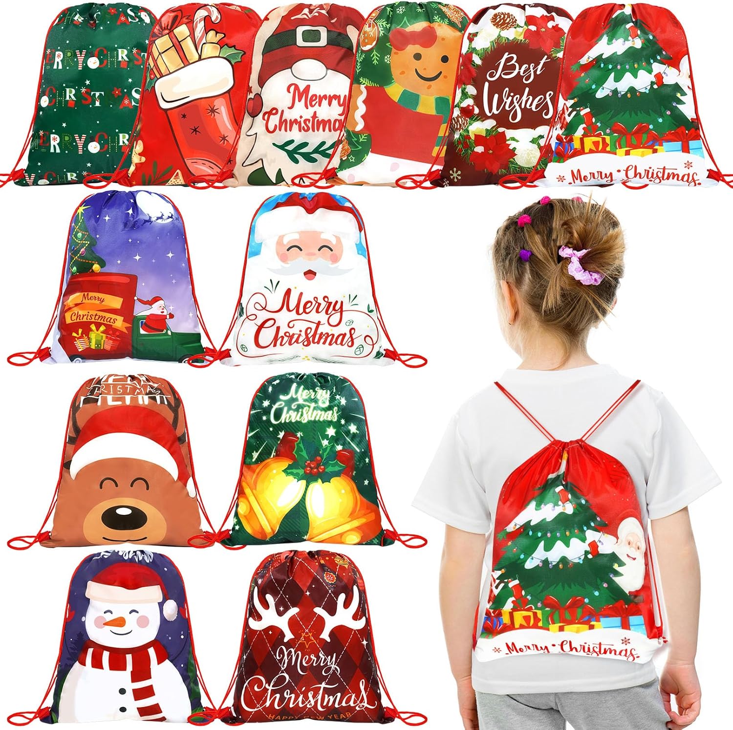 12 Pcs Drawstring Christmas Gift Bags, Santa Claus