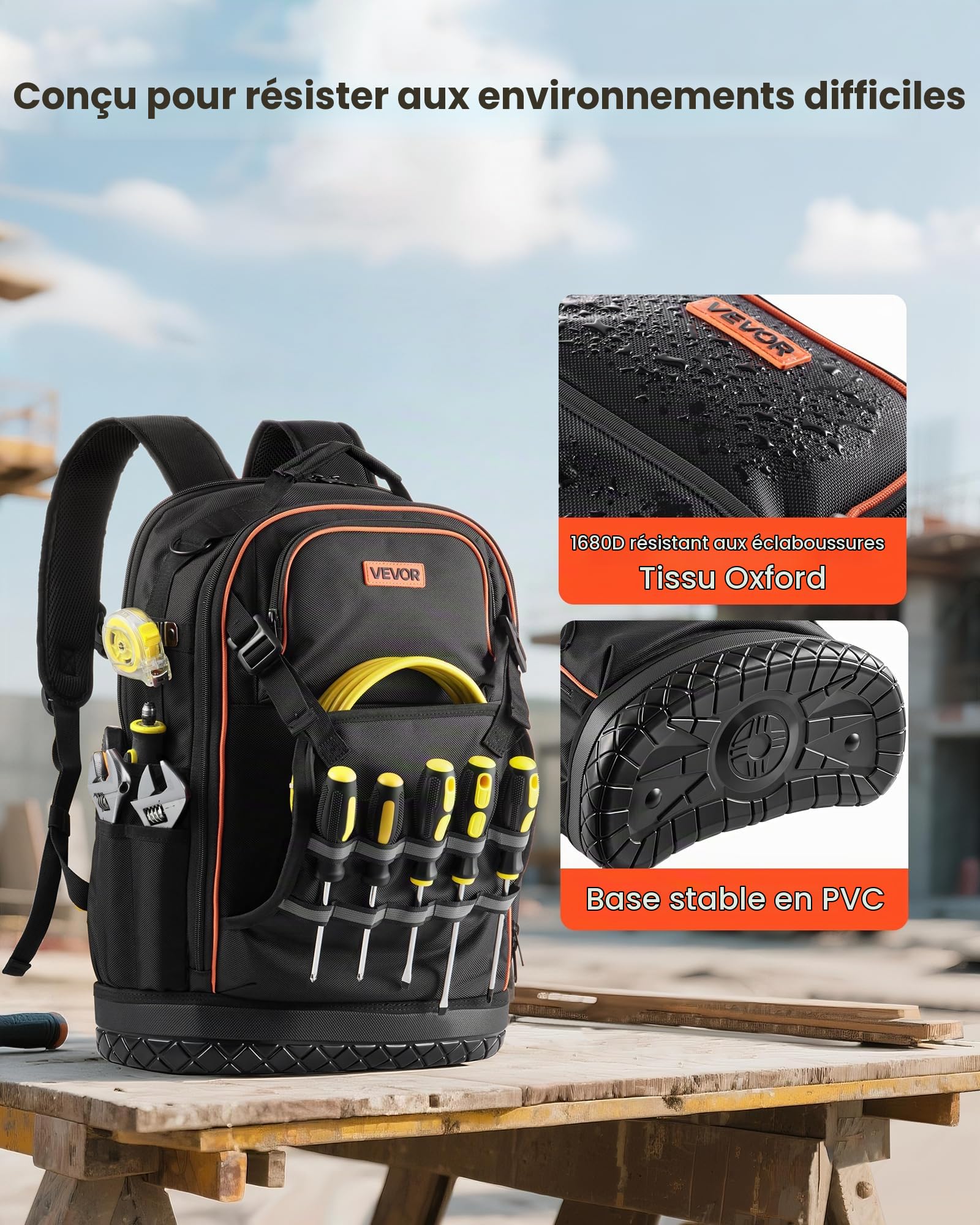 VEVOR Sac à Dos à Outils, Charge 31,75 kg, Sac à Outils 37x19,5x52 cm avec 65 Poches, Compartiment Ordinateur Portable, Base, Organisateur avec Outil Robuste pour Chantier, Électricien, Réparateur CVC