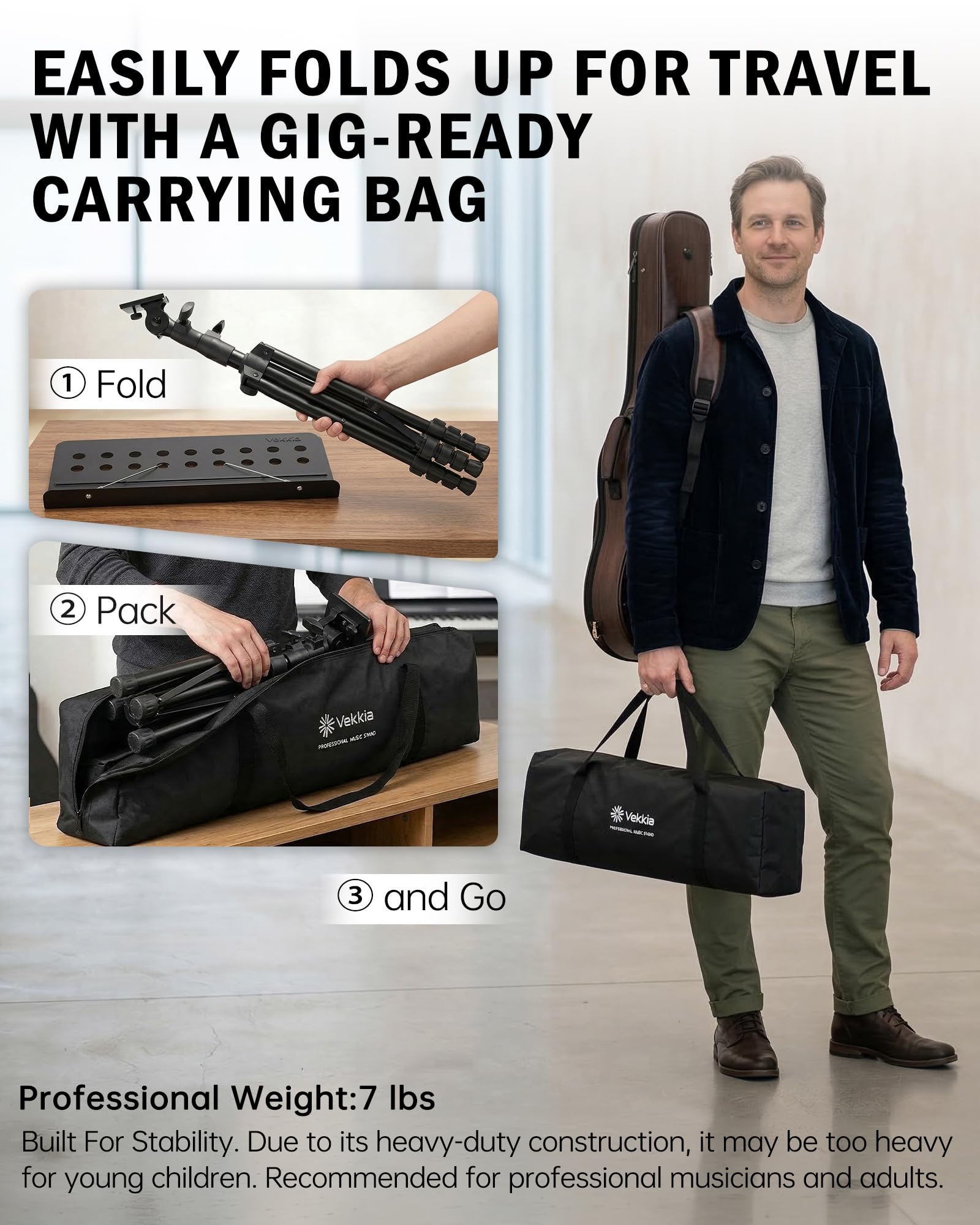 Vekkia Leggio Musicale Professionale con Borsa, Altezza 80-142 cm | Supporto Portatile per Partiture, Supporto Metallico Robusto, Ideale per Musicisti e Band