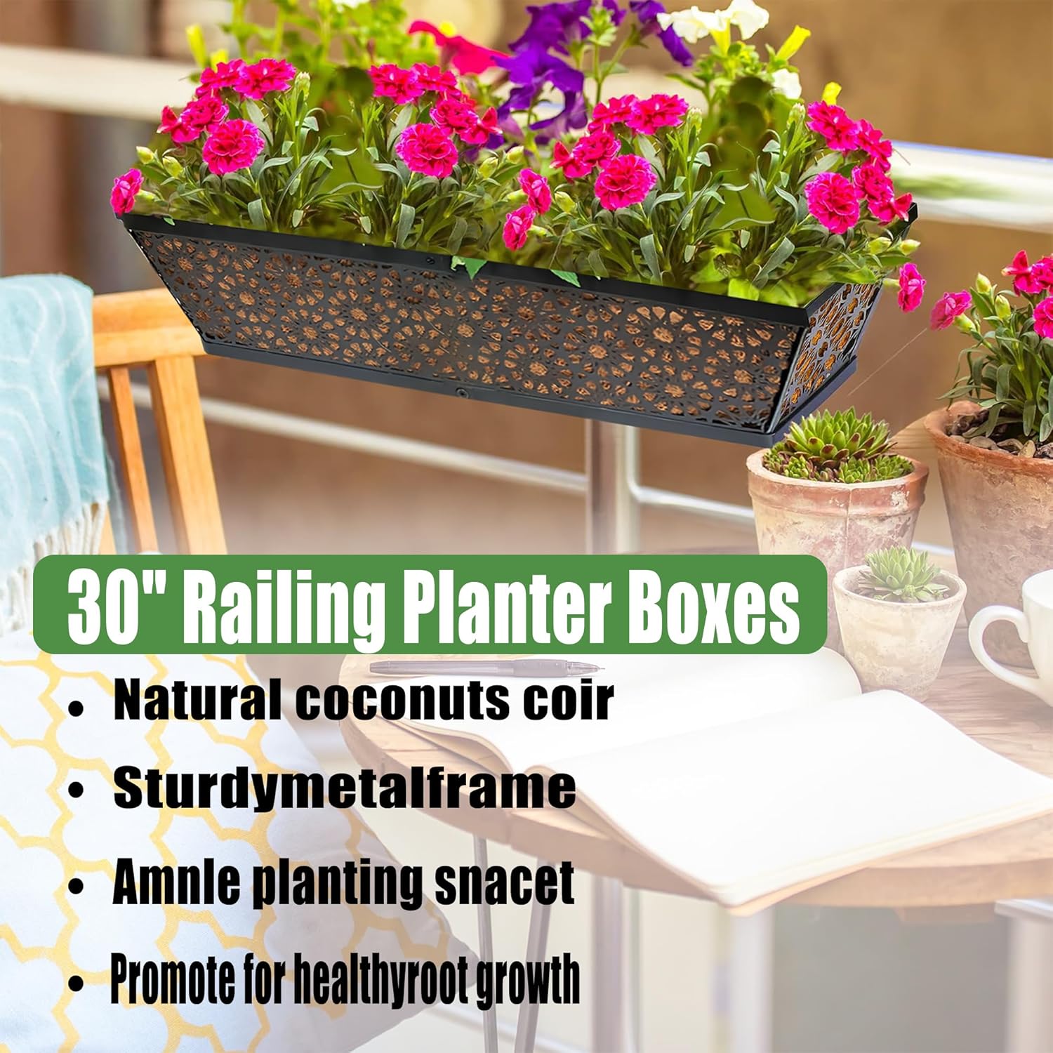 Railing Planter Window Boxes Round Hole Horse Trough Planter with Coco Fiber Liner Deck Balcony Rail Planters Black Metal Hanging Flower Planters Window Basket for Outdoor Porch (2 Pack, 30 Inch)