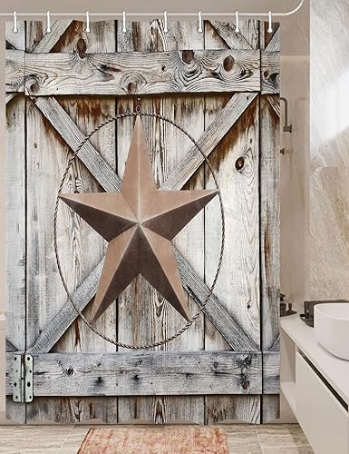JAWO Cortina de ducha para puerta de granero occidental, estrella del oeste de Texas en tablero de madera rústica, juego de cortina de ducha de