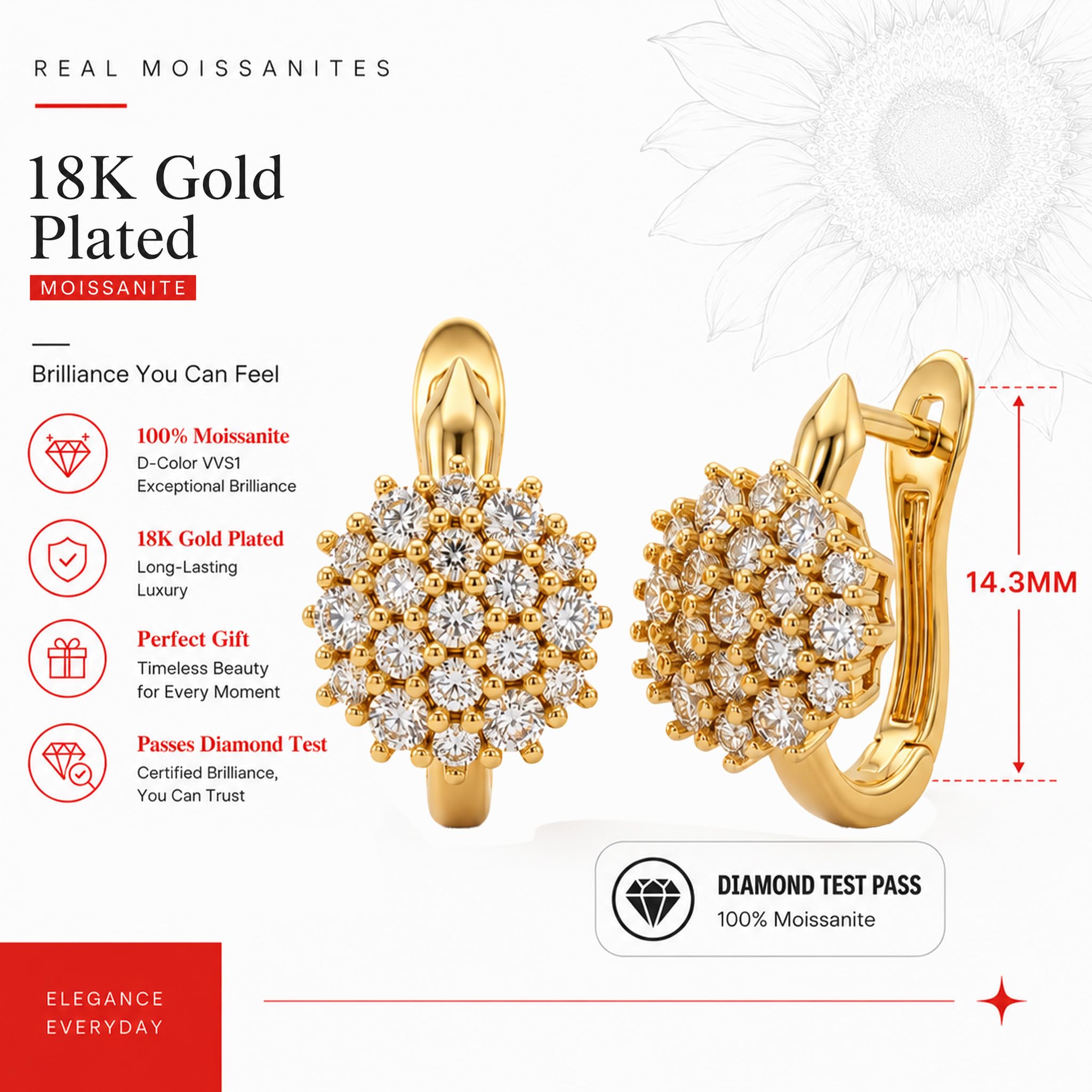 Boucles d'oreilles créoles en forme de tournesol en moissanite de 1 carat - Pour homme et femme - Couleur D - Plaqué or 18 carats - Argent sterling 925 hypoallergénique - Diamant créé en laboratoire