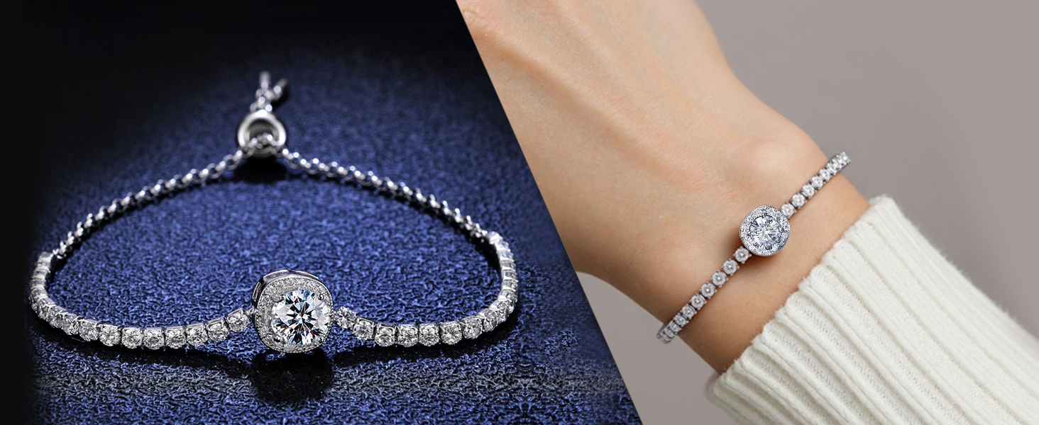 Bracciale Donna Moissanite Argento 925 1Ct Solitario Regolabile Con Catena E Certificato GRA