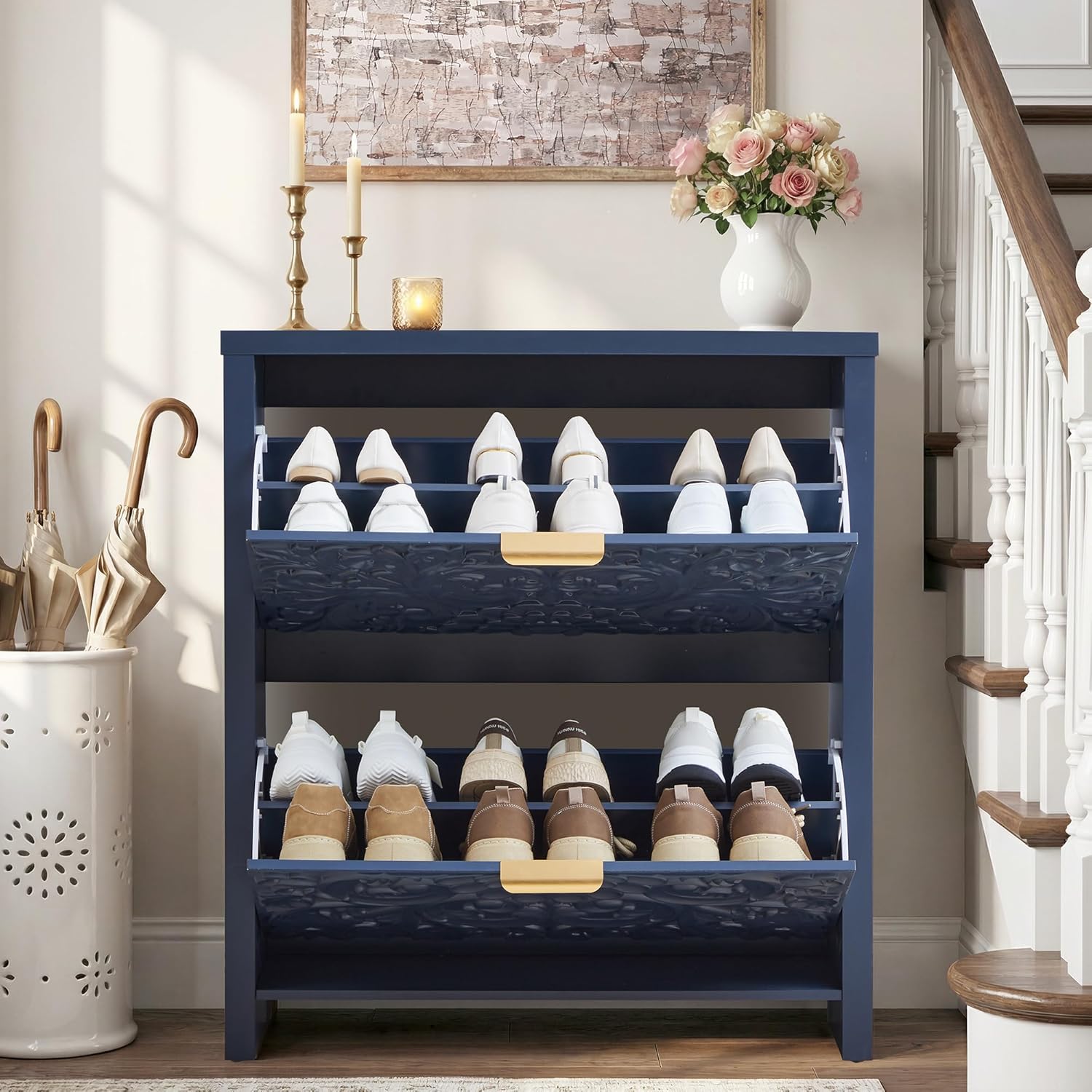 Shoe Cabinet with Flip Drawers, Narrow Shoe Storage Cabinet, 2-Tier Hidden Shoe Organizer with Carved Floral for Entryway, Mid-Century Modern Slim Shoes Storage for Hallway Foyer (1, Midnight Blue)