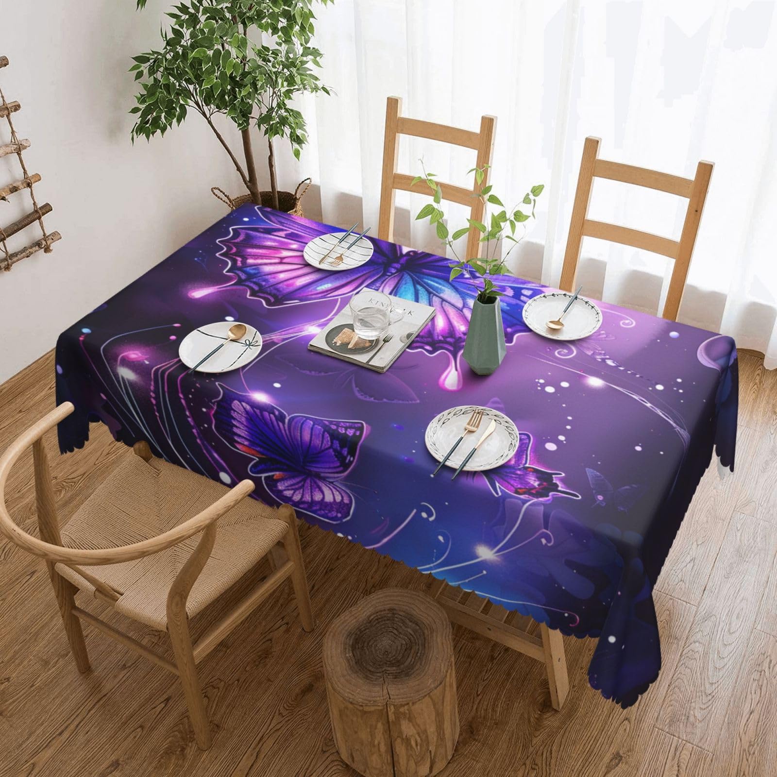 WPKJU Butterflies Printed Rectangle Tablecloth 72x54 Inch with Lace Trim, Water-Resistant Washable Table Cover for Farmhouse Weddings, Outdoor Picnics & Holiday Dining