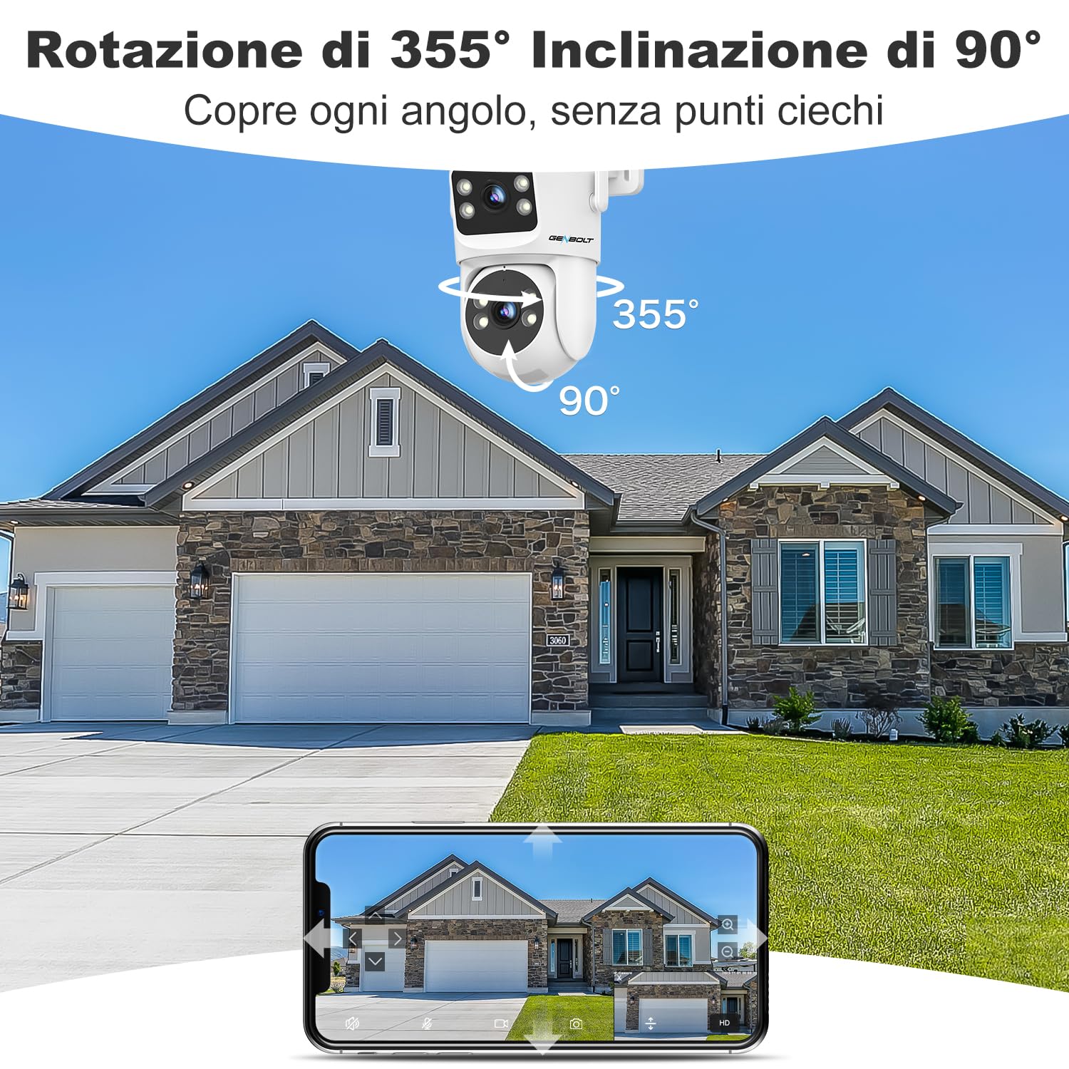 GENBOLT Telecamera WiFi Esterna Doppia Lente PTZ Videocamera Sorveglianza | 2.4/5Ghz, PoE, Registrazione 24/7, Archiviazione Cloud, Visione Notturna Colore, Inseguimento Auto, Rilevamento Umano