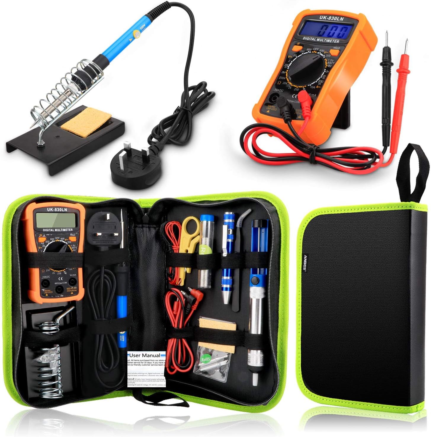 ANBES Soldering Iron Kit, 60W Adjustable Temperature Soldering-Iron Gun Kit with Digital Multimeter, Desoldering Pump, Soldering Station, Tweezers, Wire Stripper Cutter, CE Listed