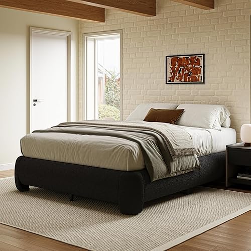 ZENBEDING Cloud Platform Bed Frame Queen Size, Soft Boucle Bed Frame with Round Corner, Upholstered Queen Bed Frame with Heavy Duty Wood Slat, No Box Spring Needed, Easy Assembly, Black