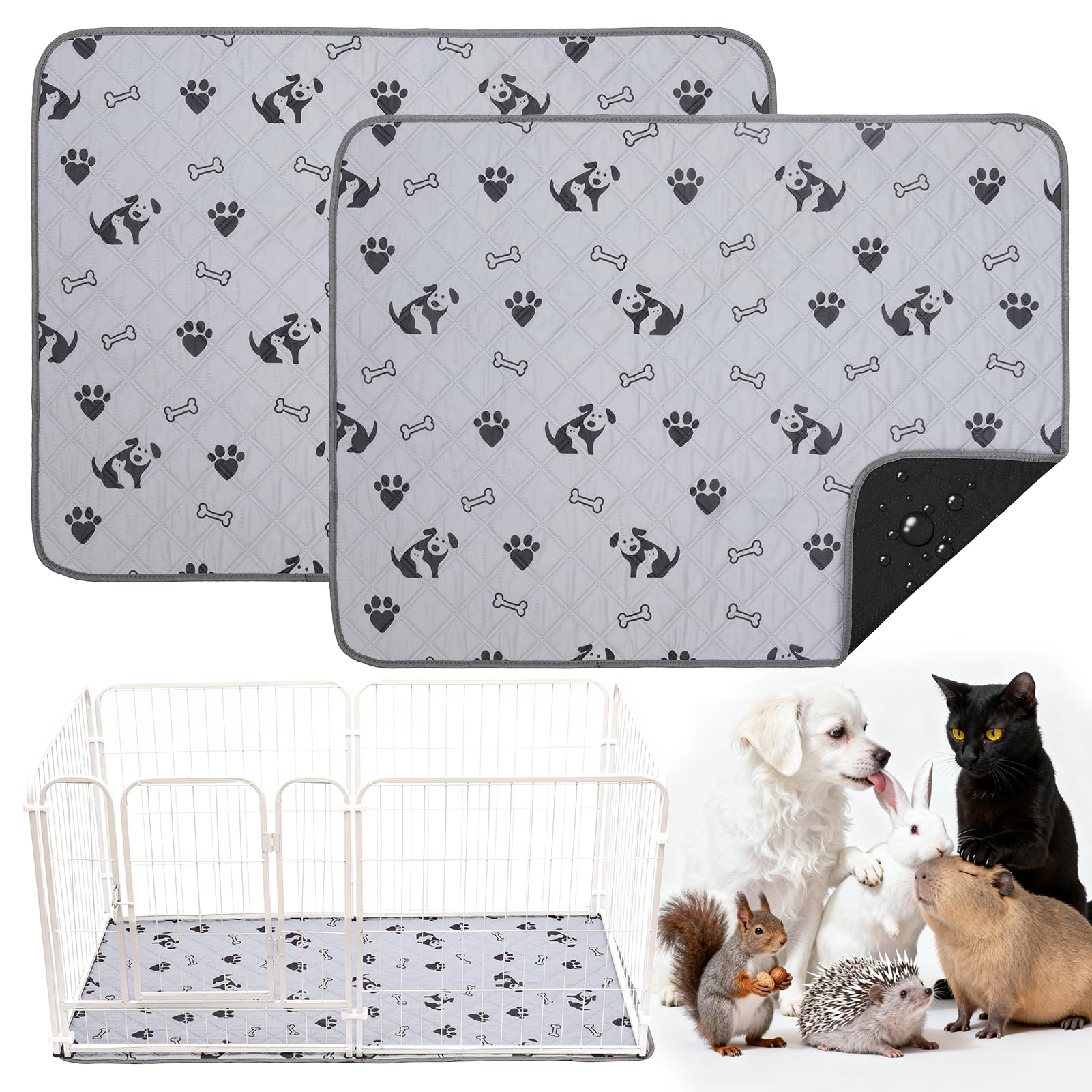 HOZKUY 2-Pack Guinea Pig Cage Liners & Bedding - Fast-Absorbing, Washable & Reusable, Leakproof Pee Pads and Mat with Odor Control & Non-Slip Bottom for Rabbits, Hamsters & All Small Animals (28"x36")