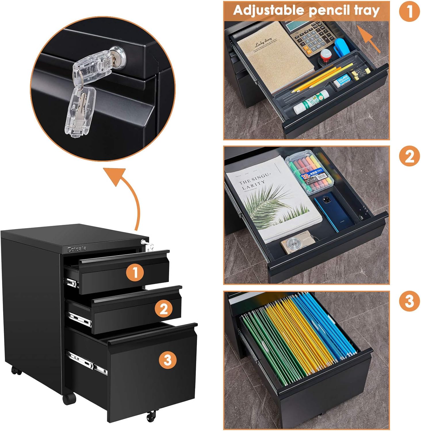 Get Cheap Price Cotoala Rolling 3 Drawer File Cabinet with Lock, Black