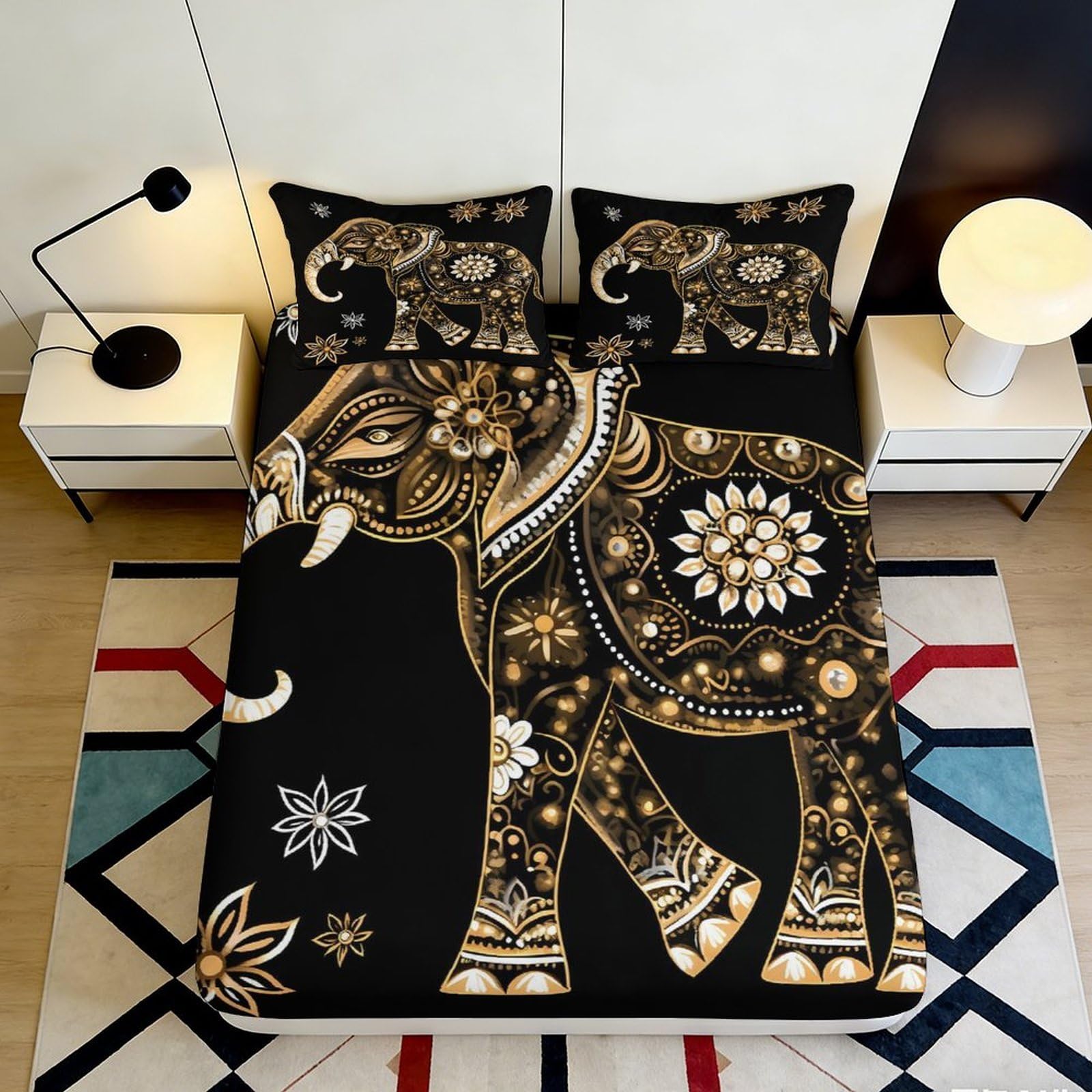 Pnayamiorkfel Style-4 3D Printed Golden Elephant Art Fitted Sheet Microfiber Black Boho Floral Bed Cover For Bedroom Guest Room Decor 90X200x25cm