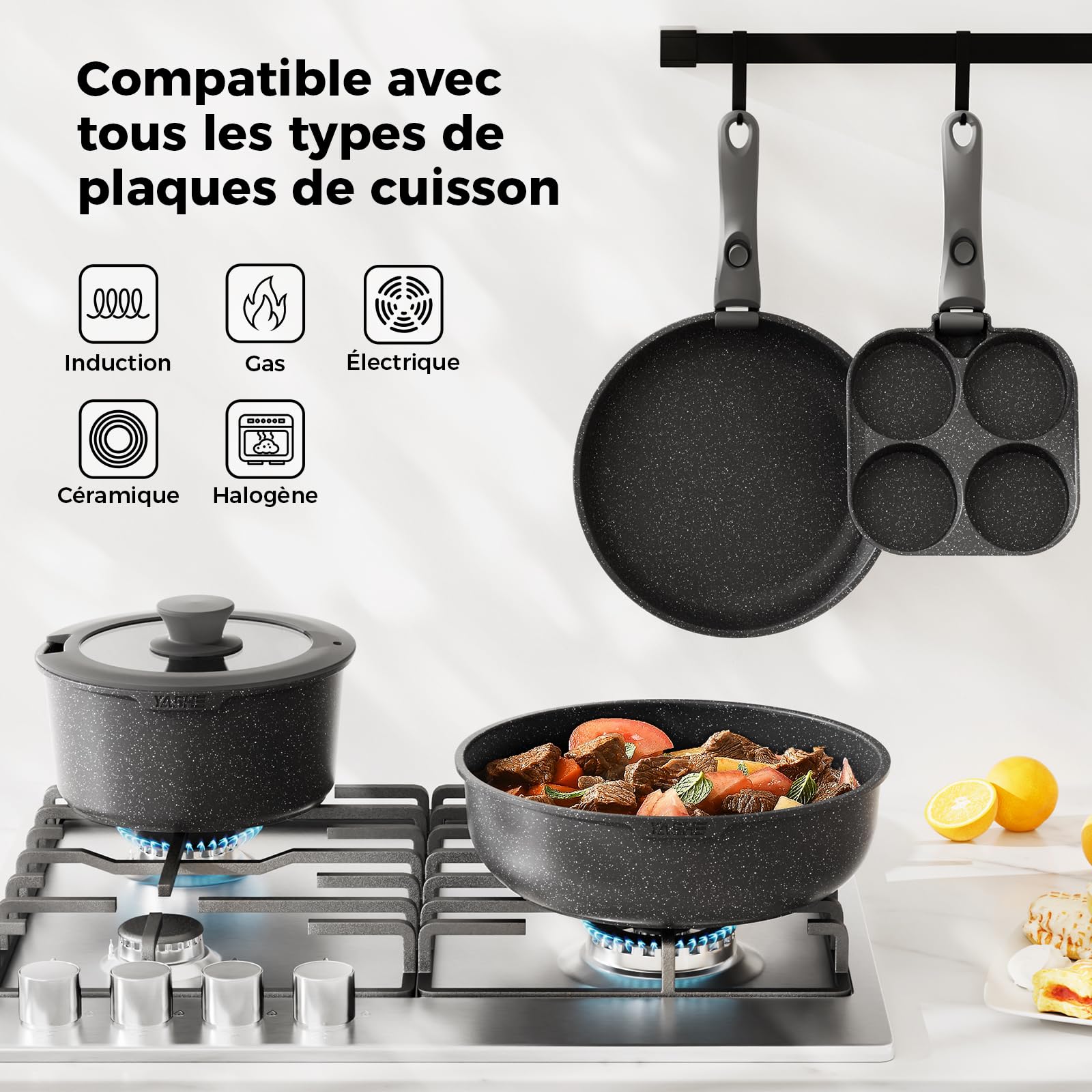 YASHE Batterie de cuisine 20 pièces, Revêtement antiadhésif, poignées amovibles, induction et four jusqu'à 230 °C, lave-vaisselle, empilable, blanc – Idéale pour les familles