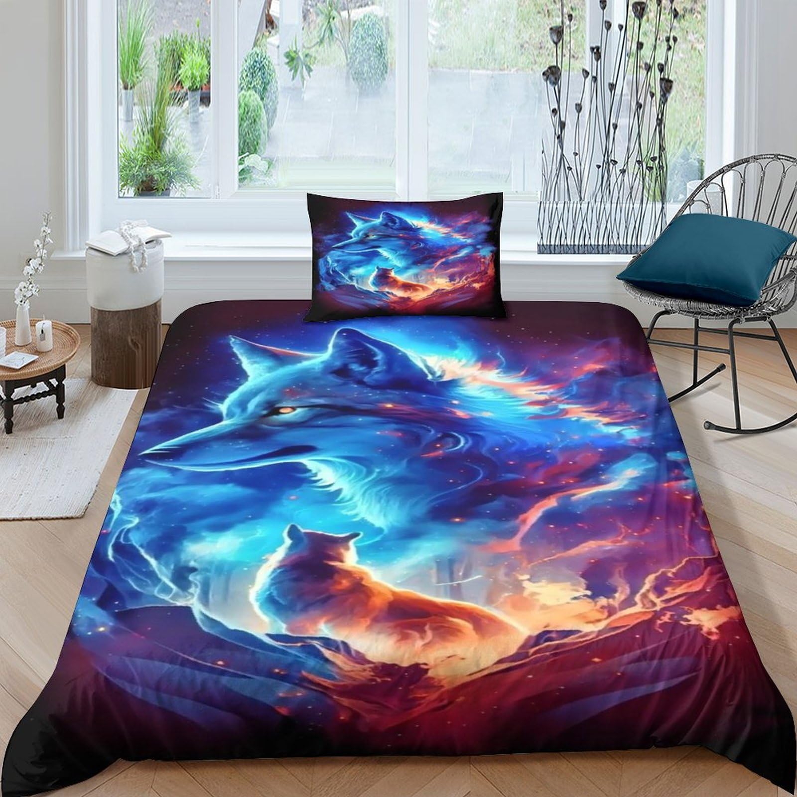 Housse de couette loup 3D 135x200cm avec taies d'oreiller pour parure de lit enfant