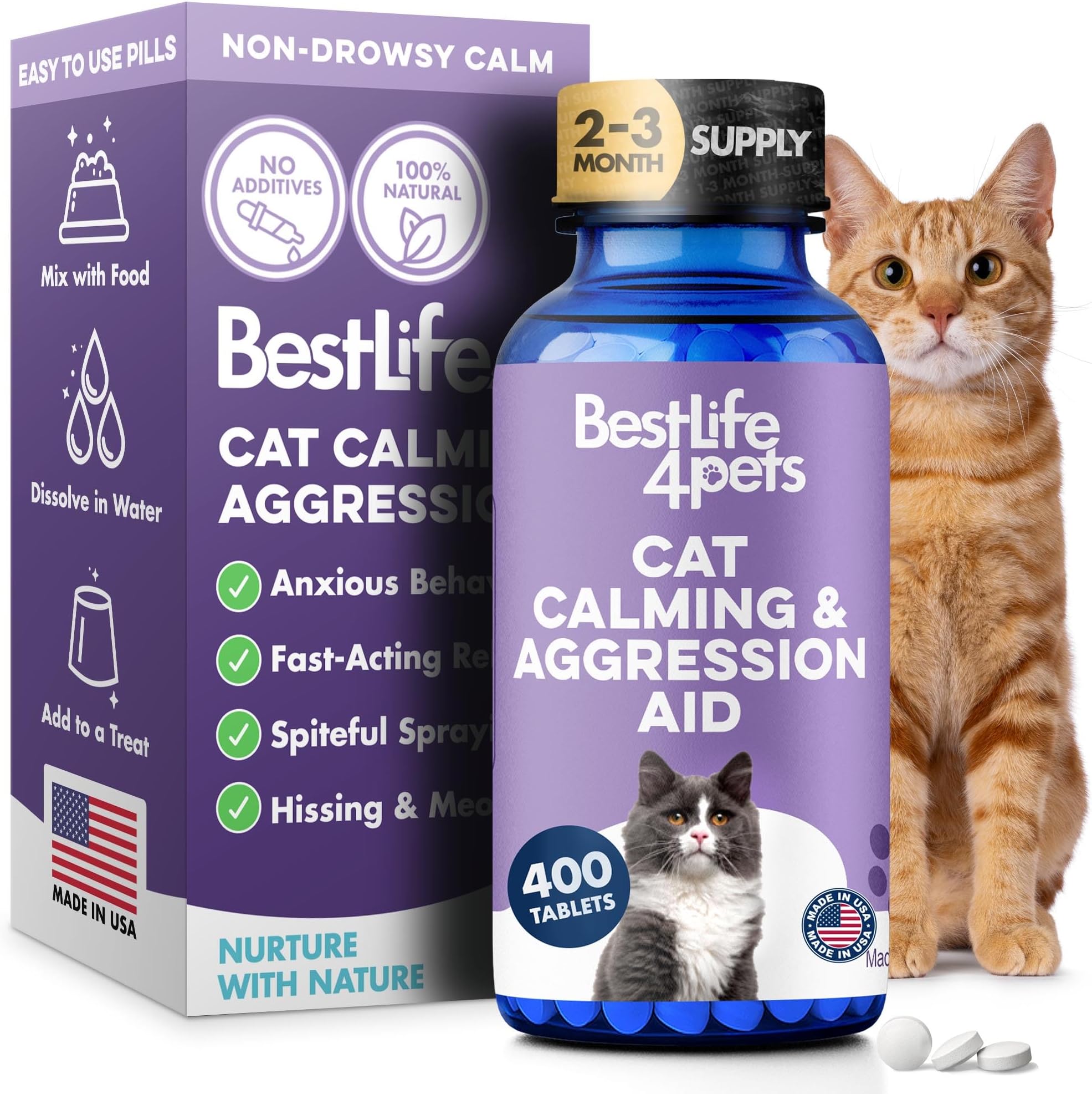 Anti Aggression for Cats Calming Remedy, A Natural Diffuser and Cat Calming Aid for Stress, Spiteful Spraying, Scratching & Territorial Behavior, Non-Drowsy, 400 Odorless, Tasteless Pills