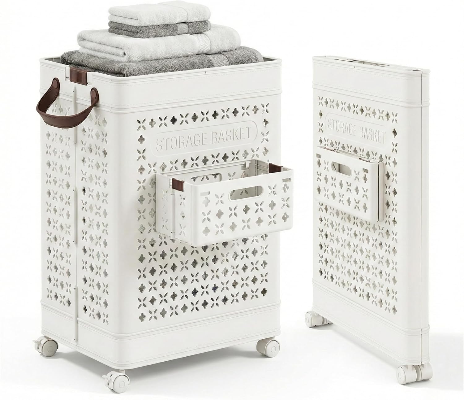 20 Gallon Foldable Laundry Hamper with Wheels and Mini Hanging Basket, Large Rolling Laundry Basket for Dirty Clothes, Slim Collapsible Storage Bin for Bathroom & Laundry Room, White