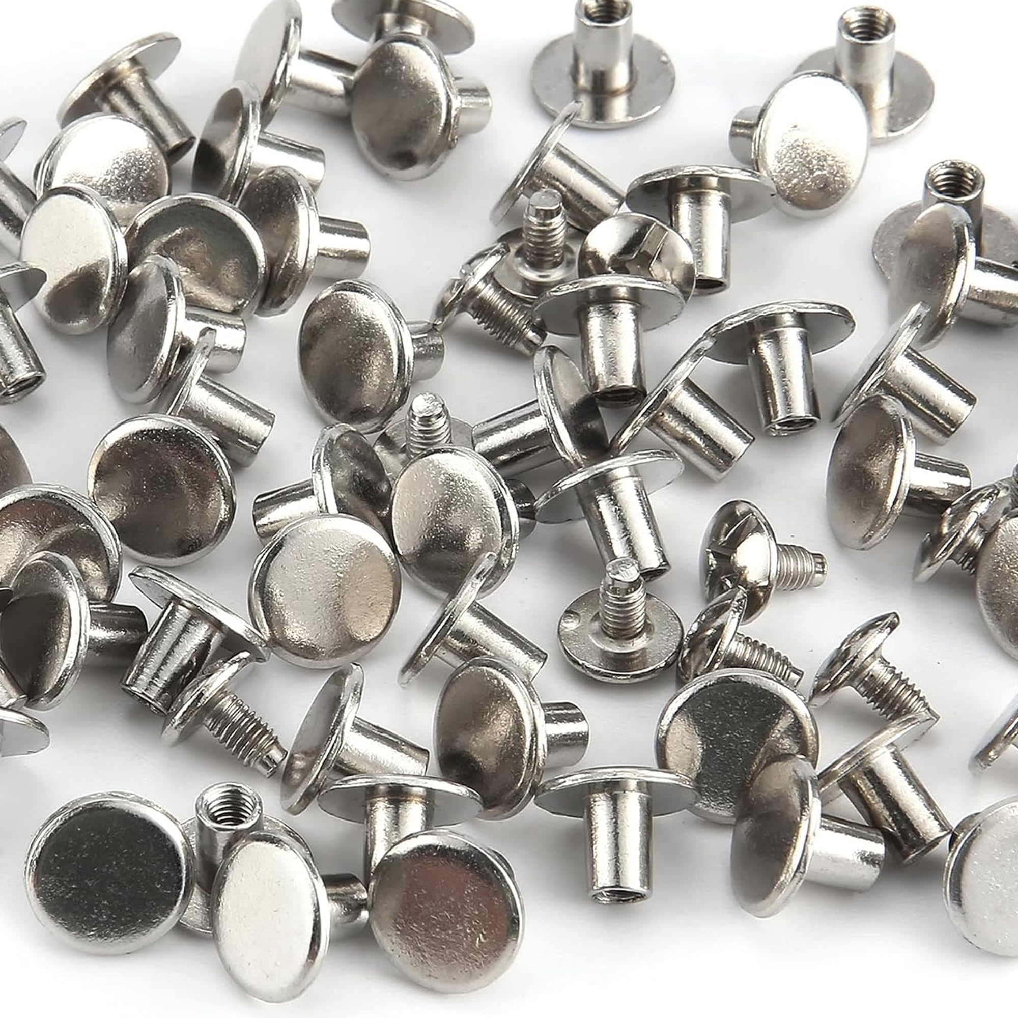 Botones redondos de cabeza plana Chicago para manualidades de cuero, cierre de poste de tornillo de reparación de 1/4 pulgadas (6 mm), pernos de remache de clavos de metal, plata, 500 juegos, diámetro