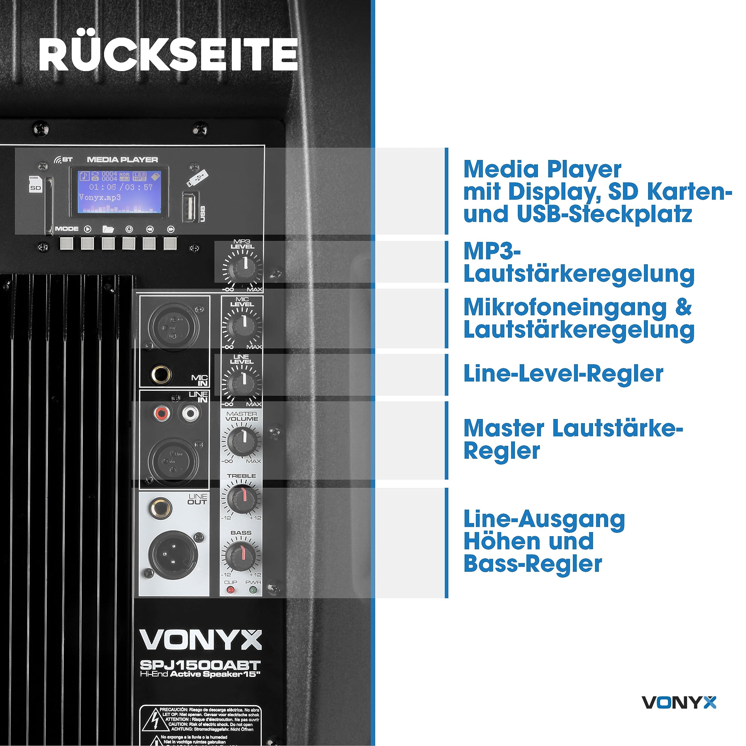 Vonyx SPJ-1500ABT MP3, PA Aktiv Lautsprecher, DJ Box, 800 Watt 15 Zoll High End Aktivpeaker, MP3-Player, Rollen, Fernbedienung, Bluetooth, USB, DMX, Cinch, PA-Speaker, Monitor Boxen, Karaoke, Schwarz