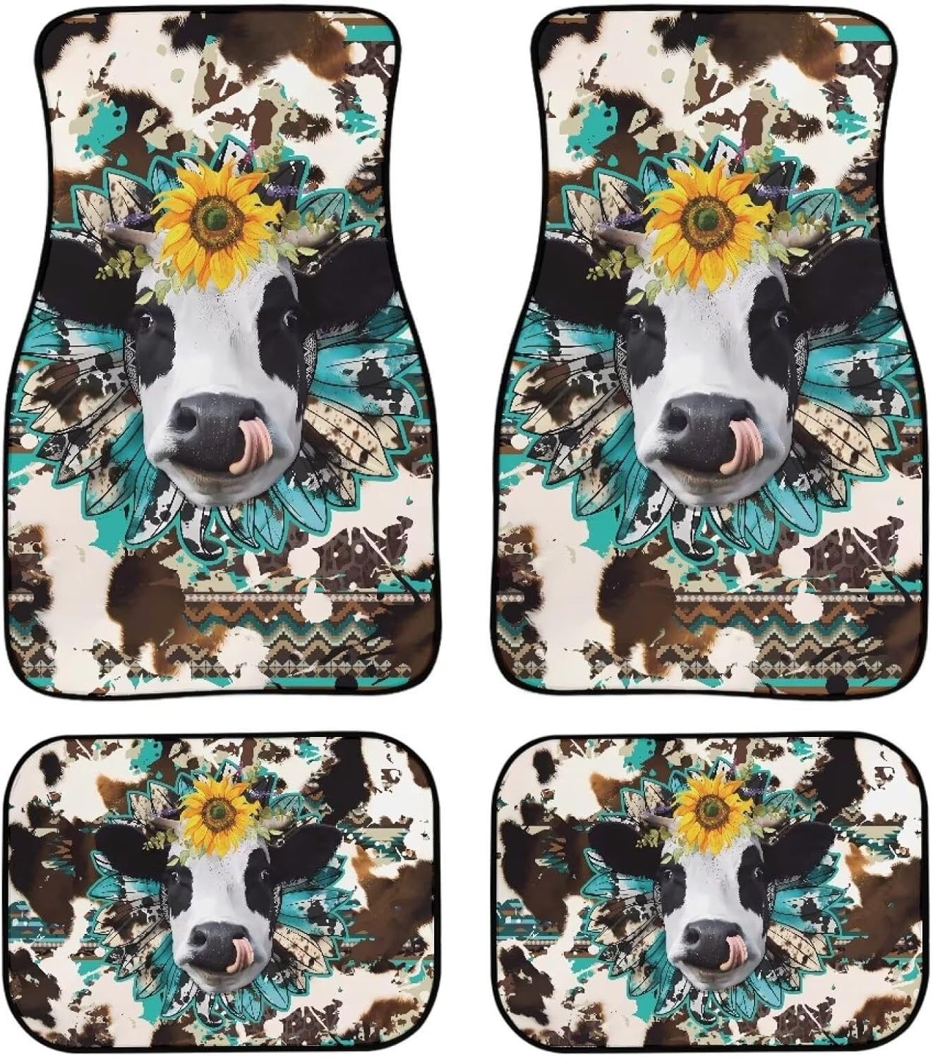 Binienty Sunflower Cow Print Floor Mats for Car Universal Floor Mats for Auto, 4 Pieces Car Rubber Floor Mats Full Set,Car Accessories All Weather Mats for SUV Sedan Trucks Vans