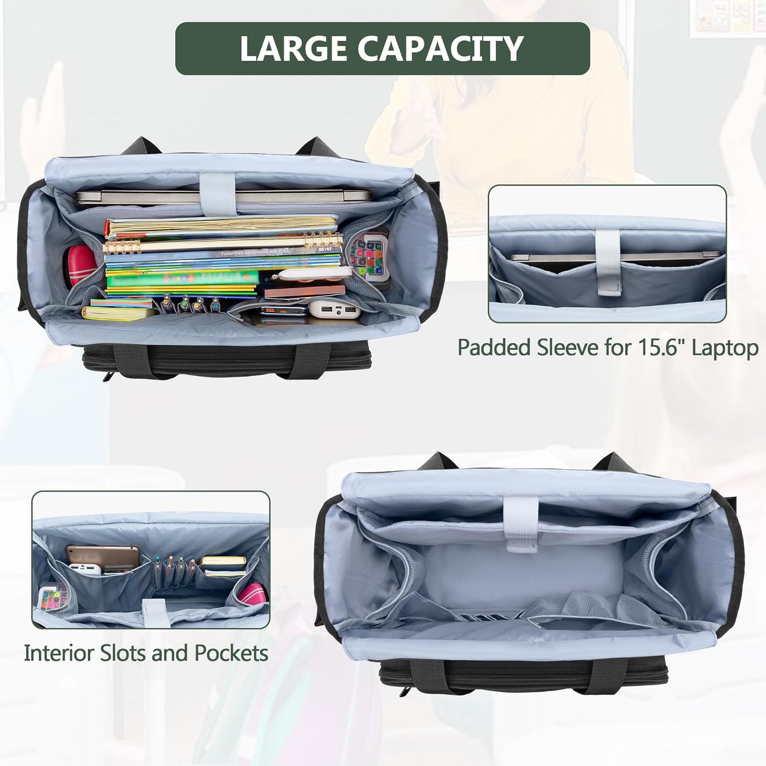 CURMIO Large Teacher Bag for Women, Portable Teacher Tote Bag with Accordion File Organizer Compartment and Laptop Sleeve, Black(Patent Pending) - Image 3