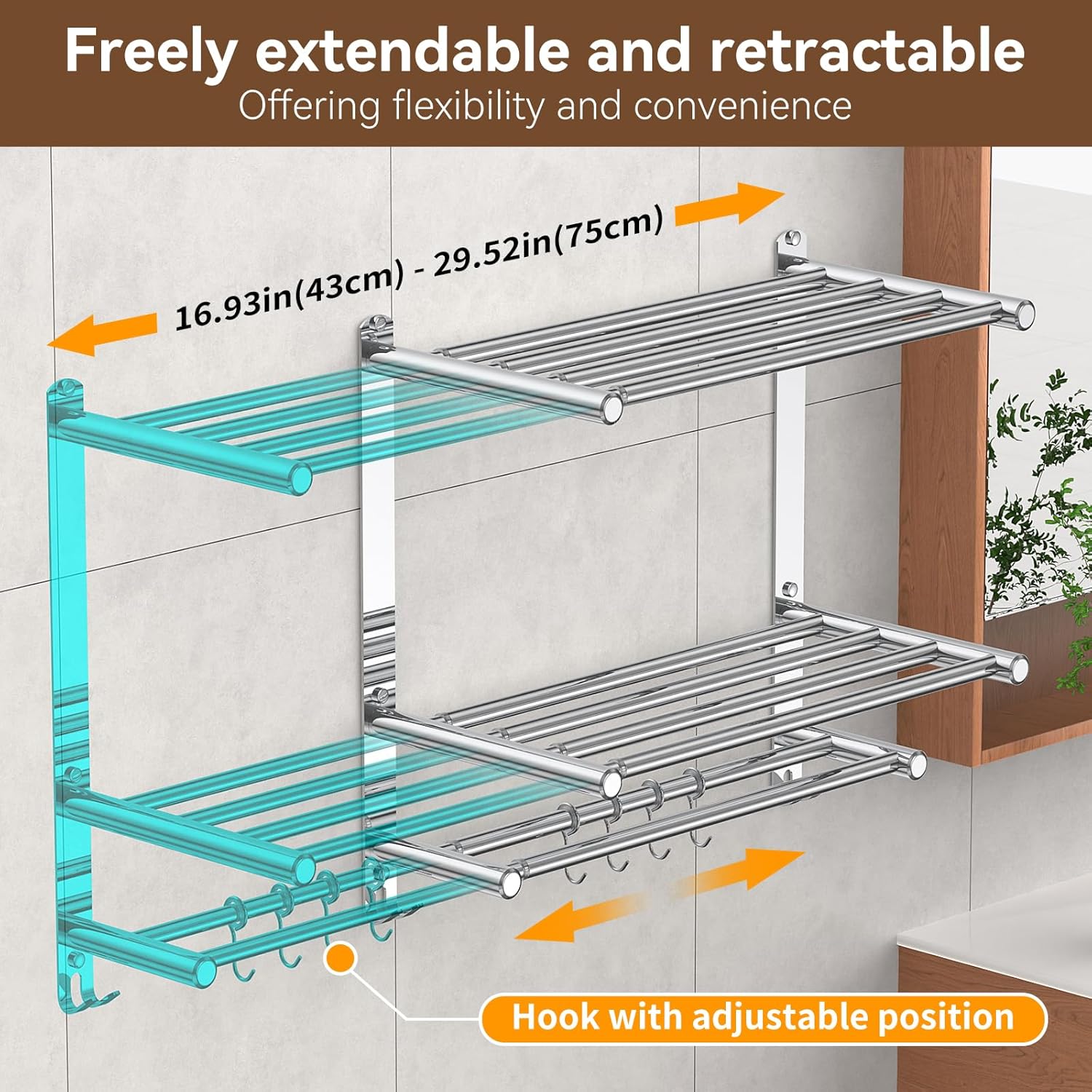 Bathroom Towel Rack with Shelf and Towel Bar, 2-Tier Expandable (16.9 to 28 Inches) SUS304 Stainless Steel, Wall Mounted or Adhesive, 4 Sliding Hooks Rust Resistant, Rounded Corners, Side Guards