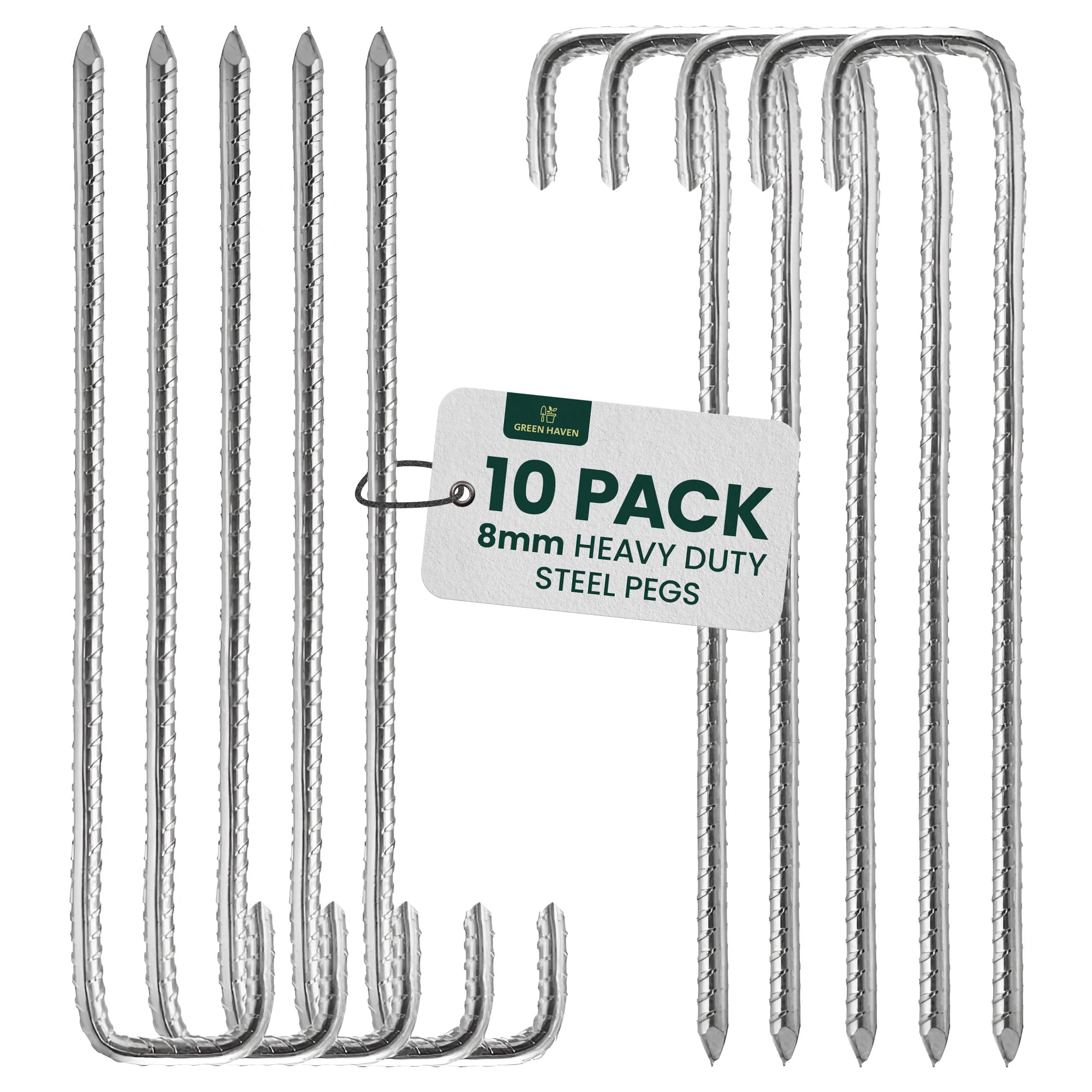 GREEN HAVEN Ultra-Strong Heavy Duty Tent Pegs Pack of 10-8mm x 12 inch Extra Thick Tent Metal Camping Pegs, Rust Proof J-Pin Thick Peg, Ideal for Agricultural Fences, Camping, Garden