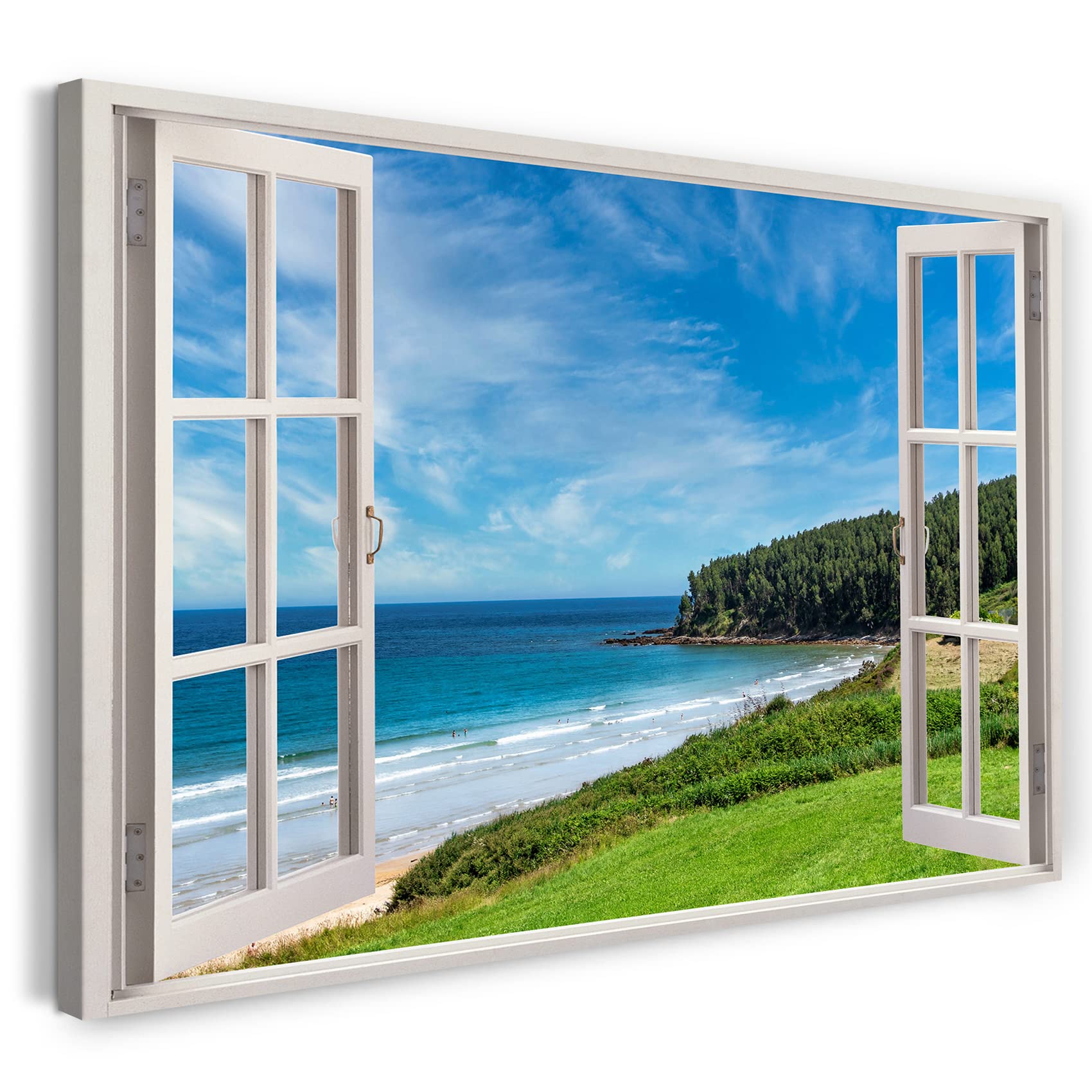 Print on Canvas (100x70 cm) view from the window - sea island beach forest - nature photography, real wood frame with hook
