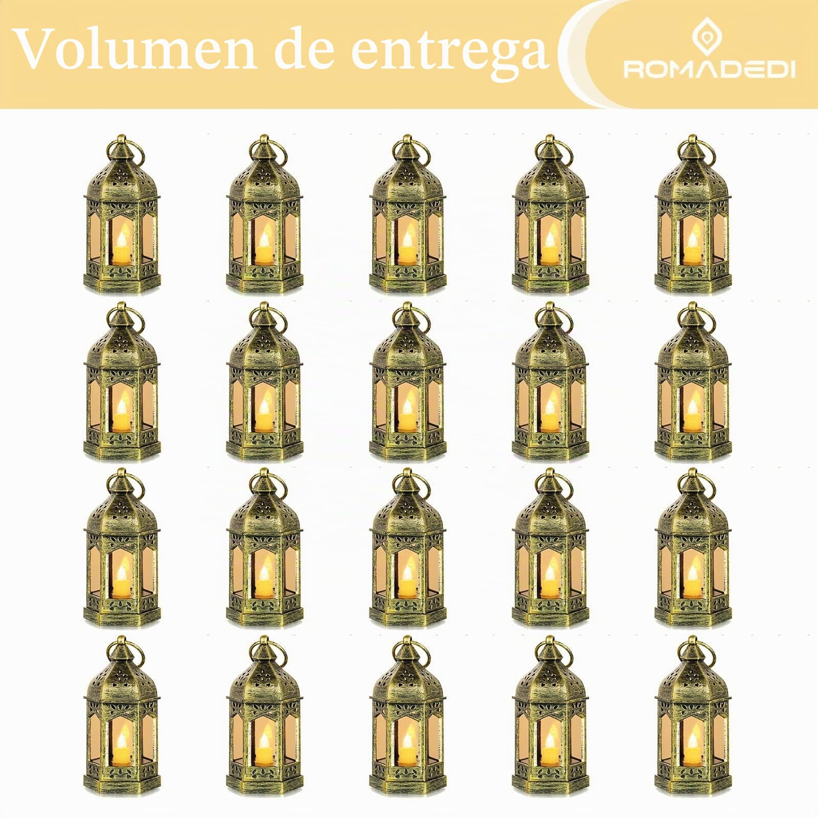 Romadedi Mini farol con velas LED, dorado, juego de 20 | Para colgar, para bodas, Ramadán, Navidad, jardín, balcón, exterior y decoración de mesa