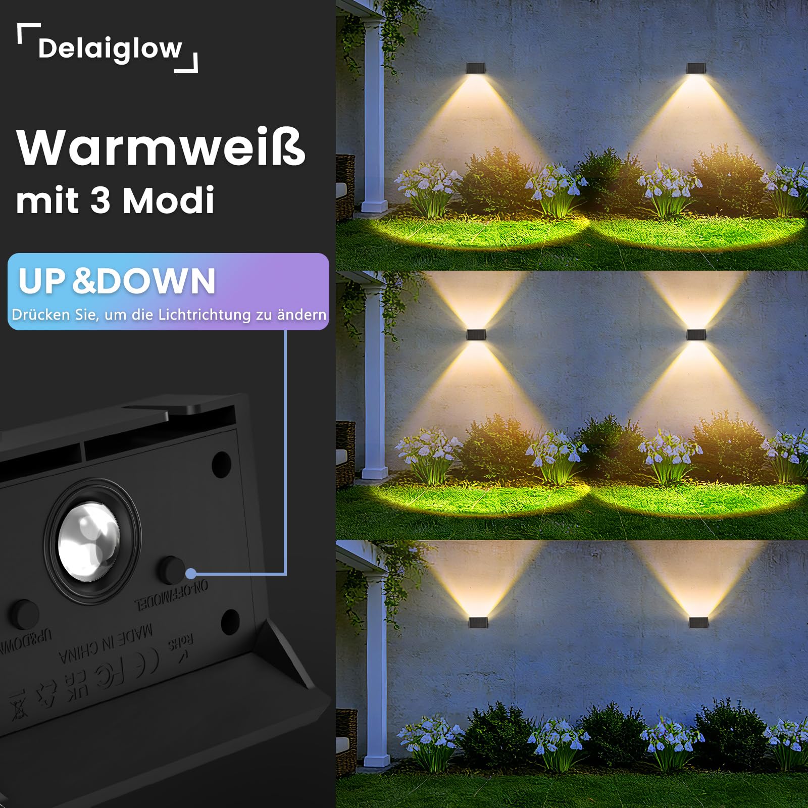 Solarlampen für Außen,6 Pack wandleuchte Solar aussen Solarleuchten Nach Oben und Unten Beleuchtet IP67 Wasserdicht 120LM solarlampen für Garten Zaun Deck Warmweiß