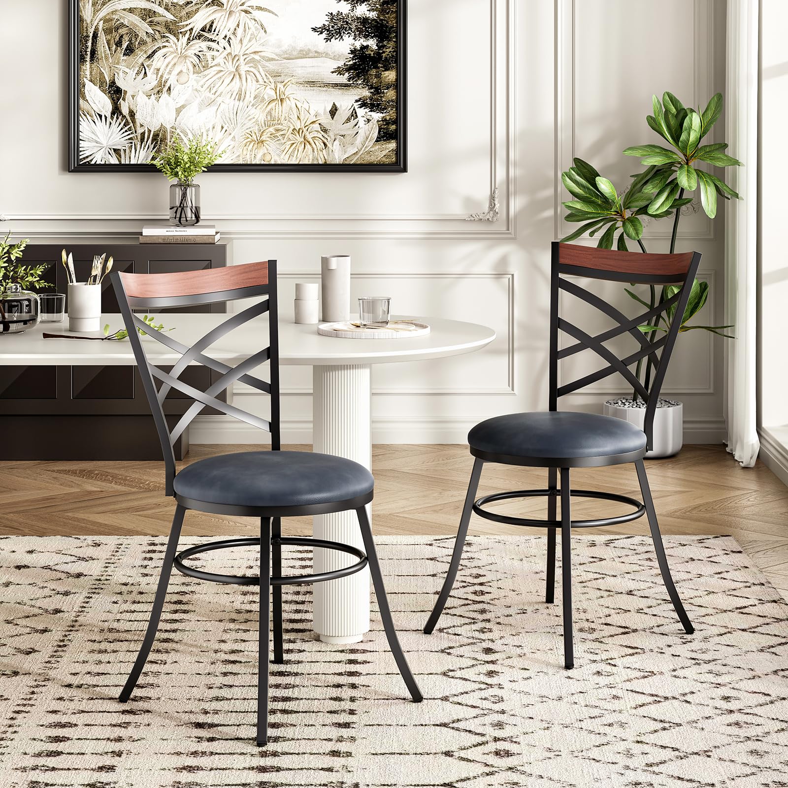 Upholstered Dining Room Chairs Set of 2, Swivel Dining Chair with Faux Leather Cushion Mid Century Dining Chair with X Back Comfortable Swivel Dining Room Chair Retro Dining Chair Set,350LB,Blue
